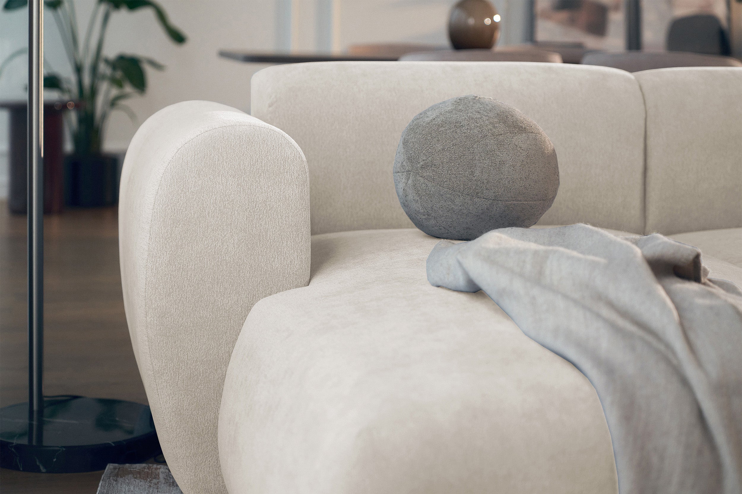 Ecksofa mit Schlaffunktion Emia, L-förmig, linksseitig, beige Chenille