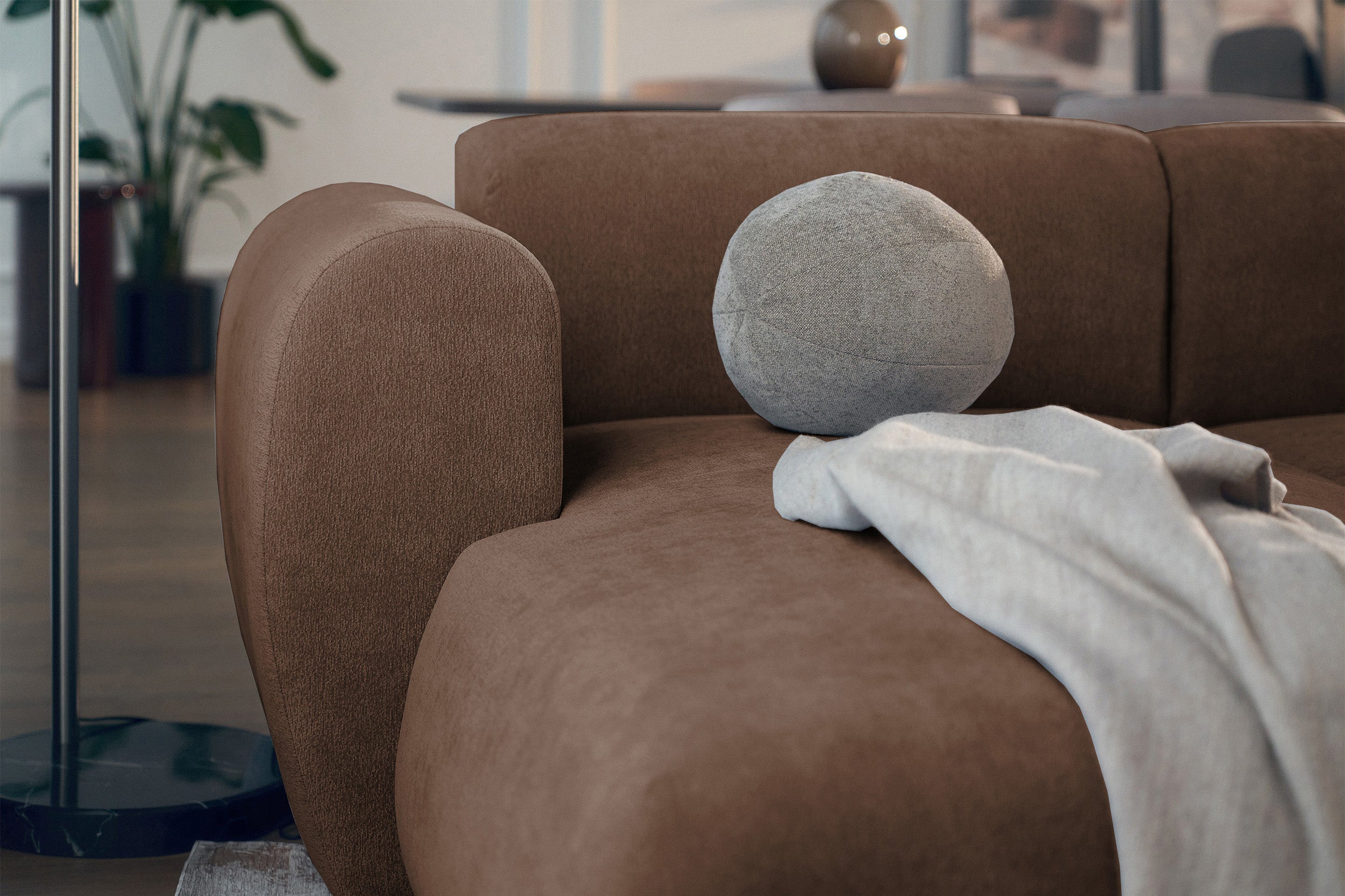 Ecksofa mit Schlaffunktion Emia, L-förmig, linksseitig, braunes Chenille