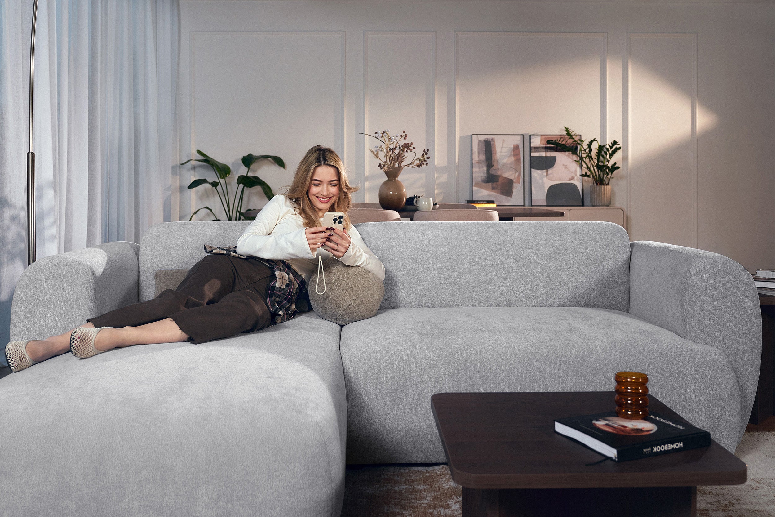 Ecksofa mit Schlaffunktion Emia, L-förmig, linksseitig, grau, Chenille