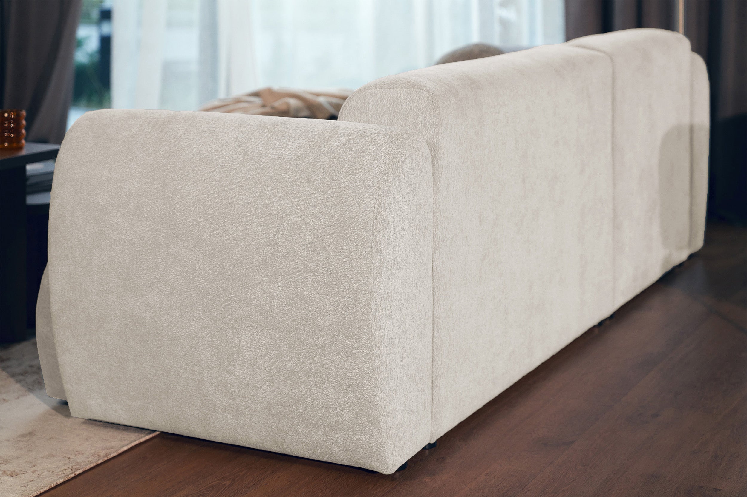Ecksofa mit Schlaffunktion Emia, L-förmig, linksseitig, beige Chenille