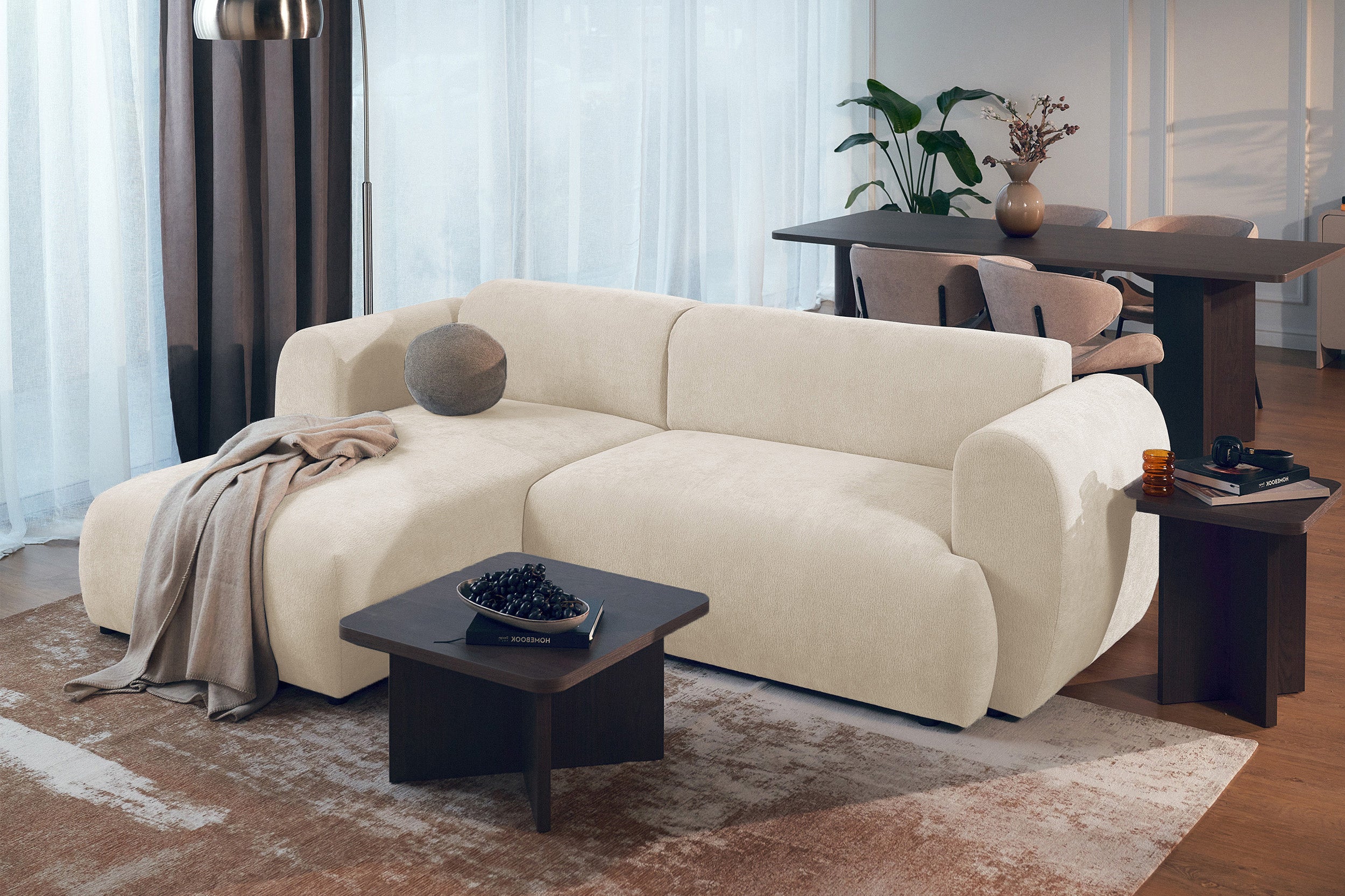Ecksofa mit Schlaffunktion Emia, L-förmig, linksseitig, hellbeige Chenille
