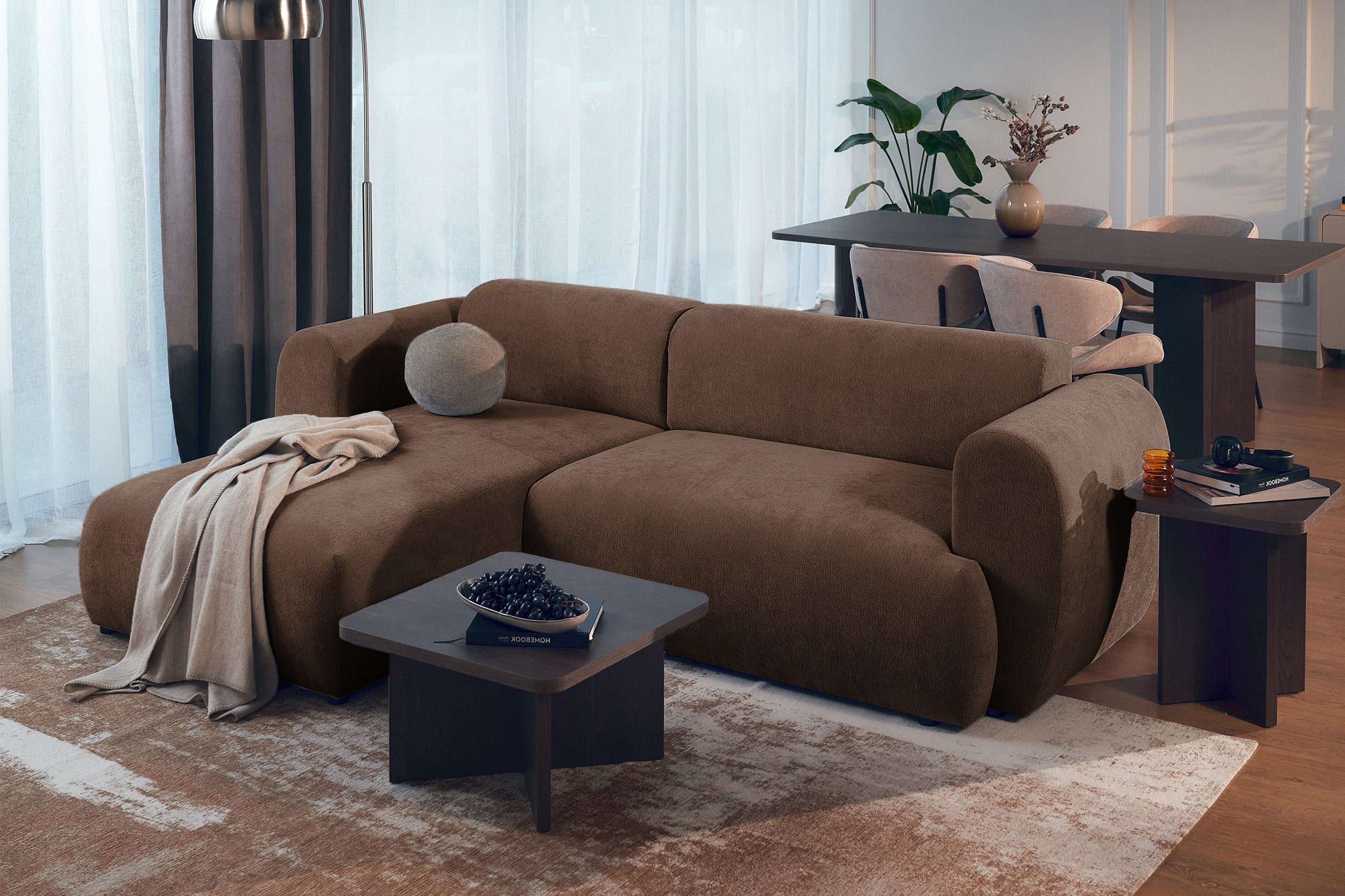 Ecksofa mit Schlaffunktion Emia, L-förmig, linksseitig, braunes Chenille