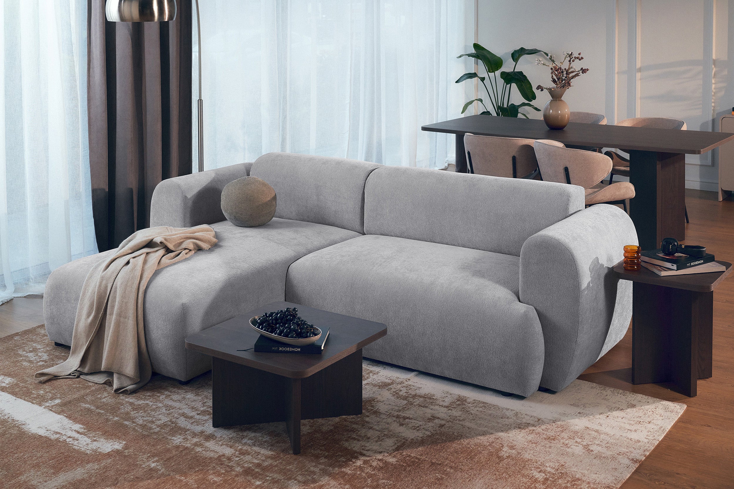 Ecksofa mit Schlaffunktion Emia, L-förmig, linksseitig, grau, Chenille
