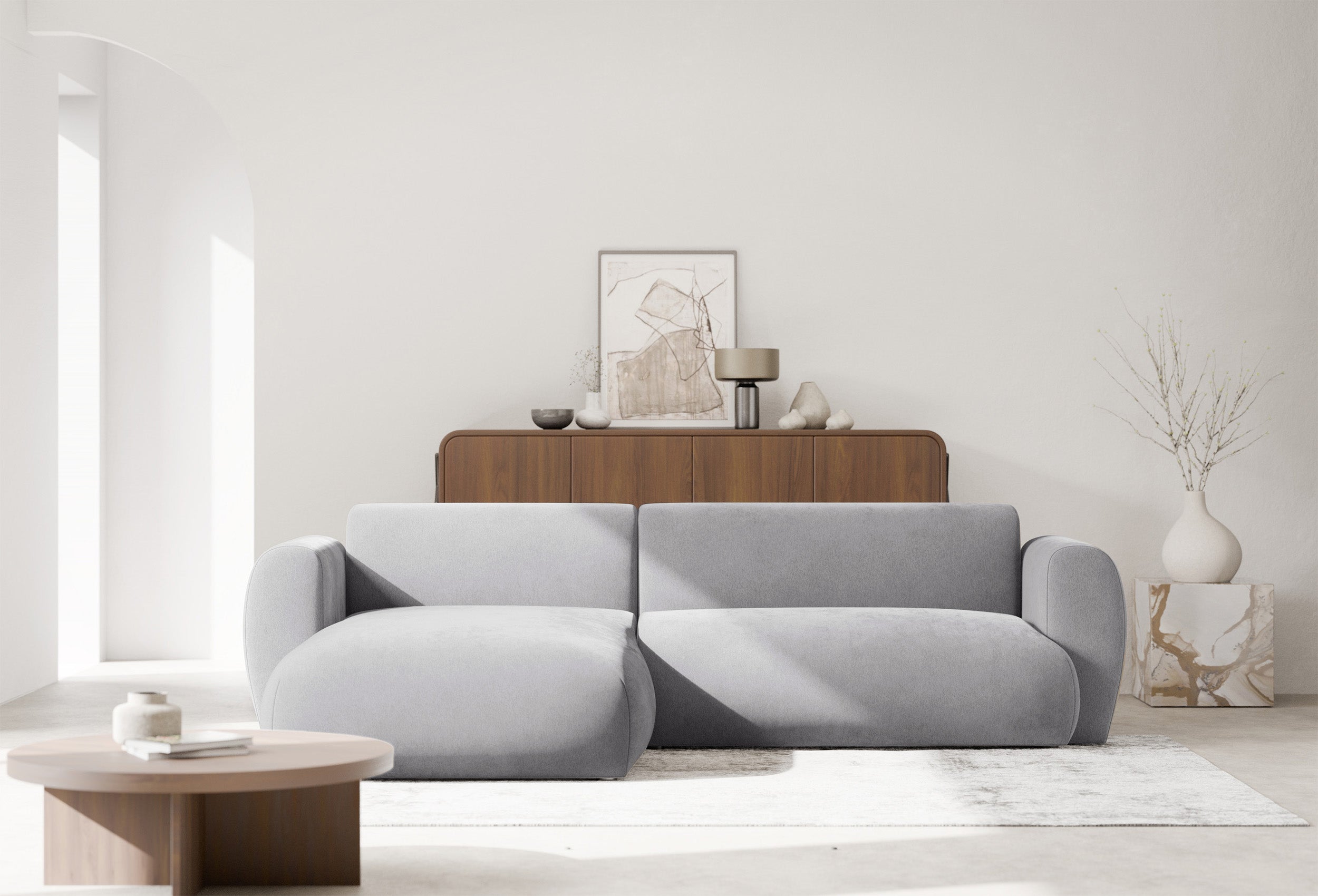 Ecksofa mit Schlaffunktion Emia, L-förmig, linksseitig, grau, Chenille