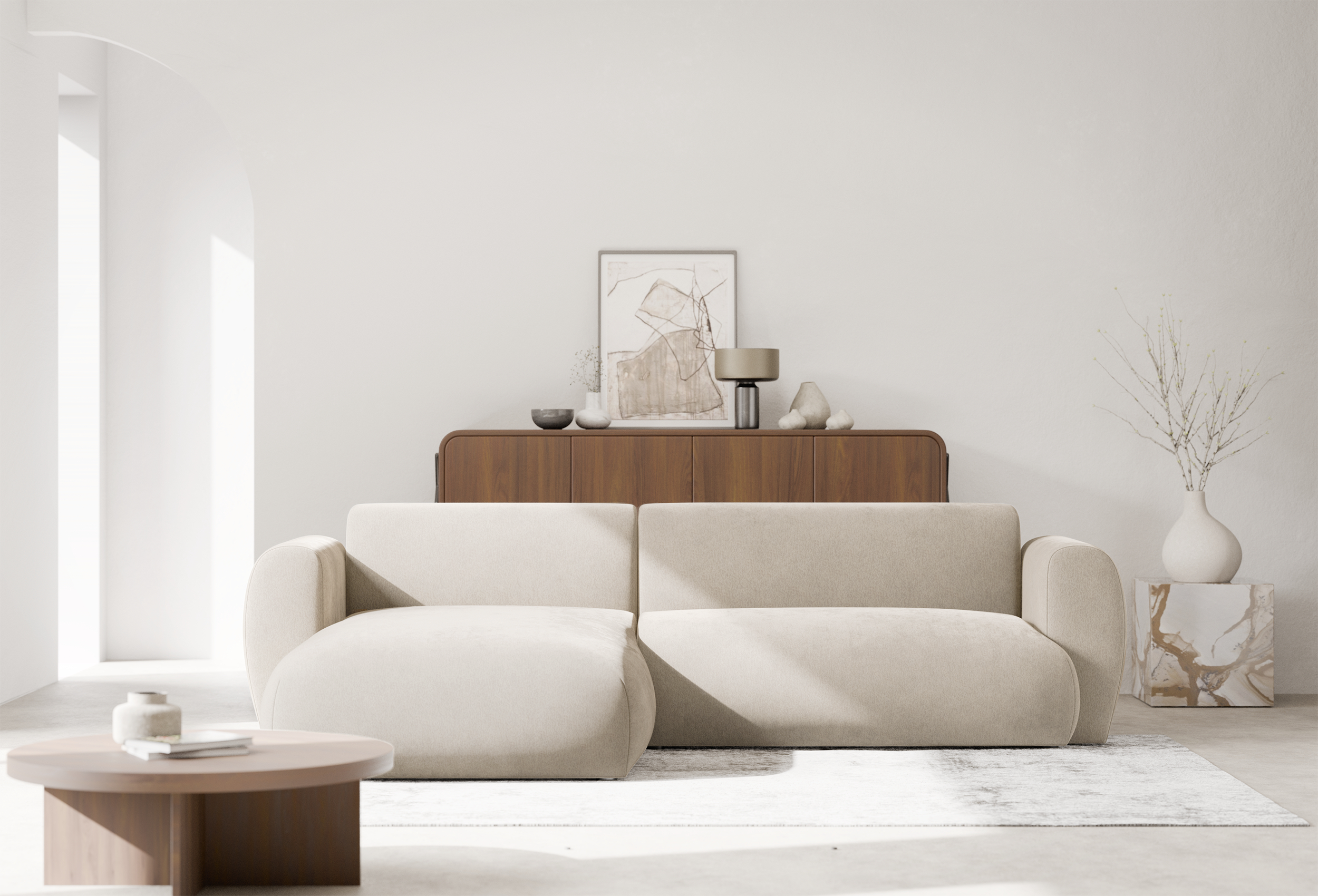 Ecksofa mit Schlaffunktion Emia, L-förmig, linksseitig, beige Chenille