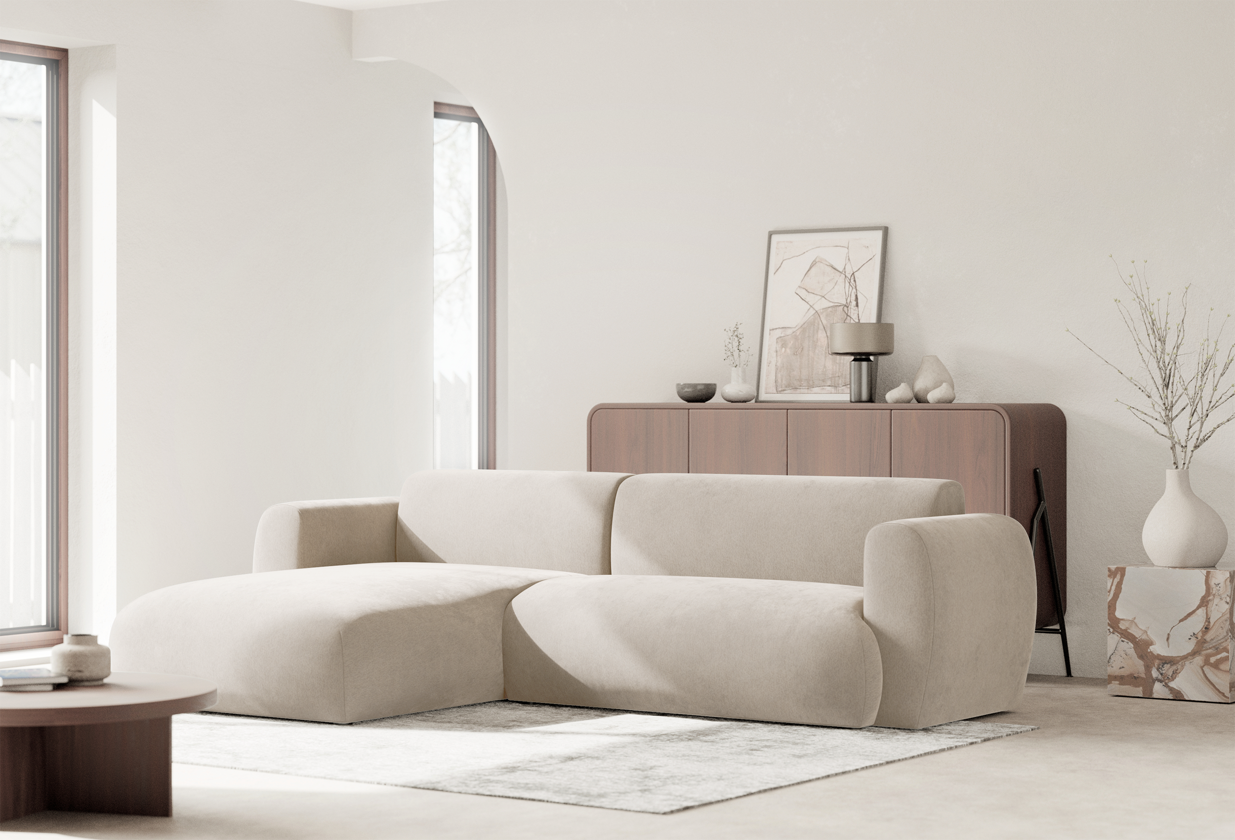 Ecksofa mit Schlaffunktion Emia, L-förmig, linksseitig, beige Chenille