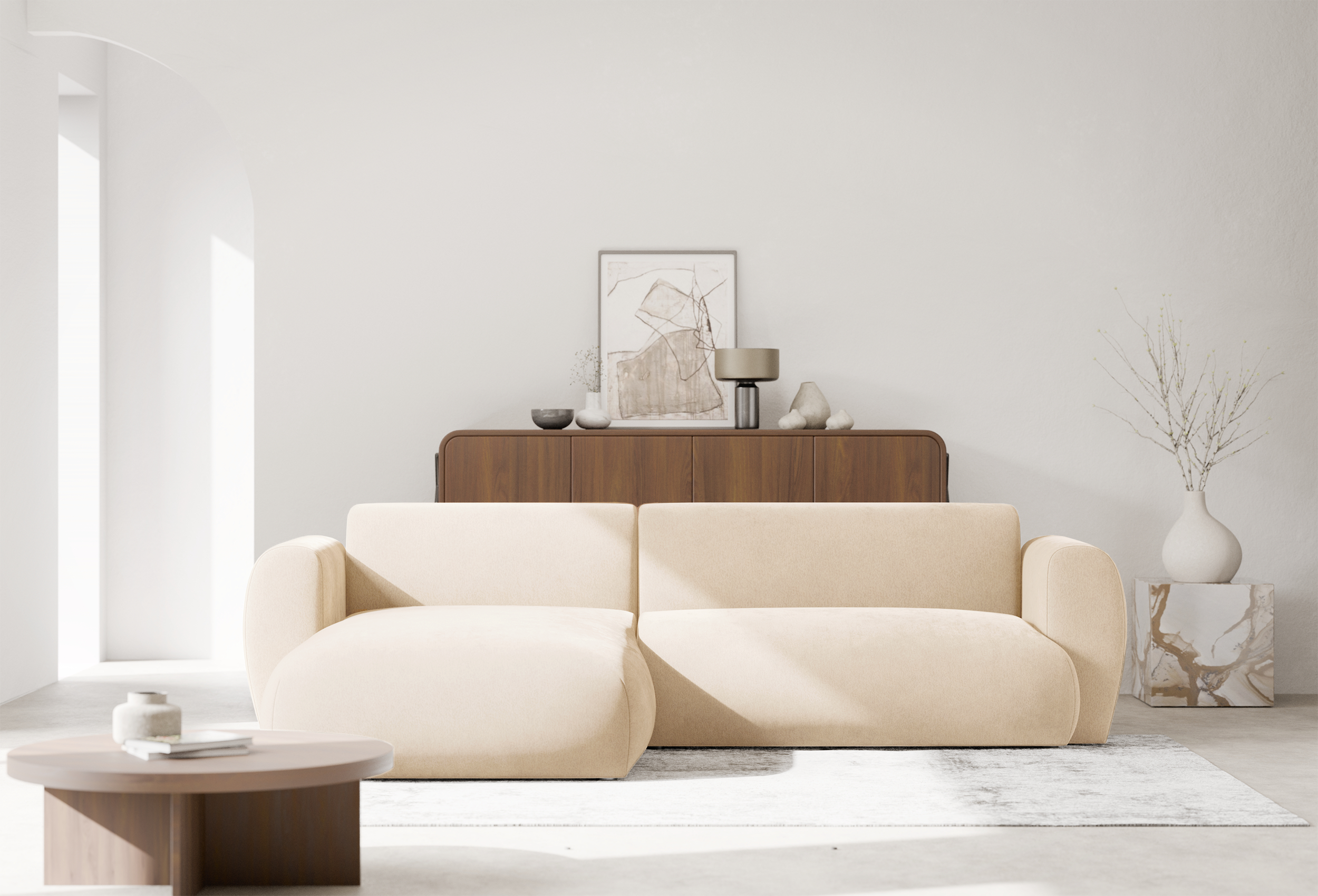 Ecksofa mit Schlaffunktion Emia, L-förmig, linksseitig, hellbeige Chenille