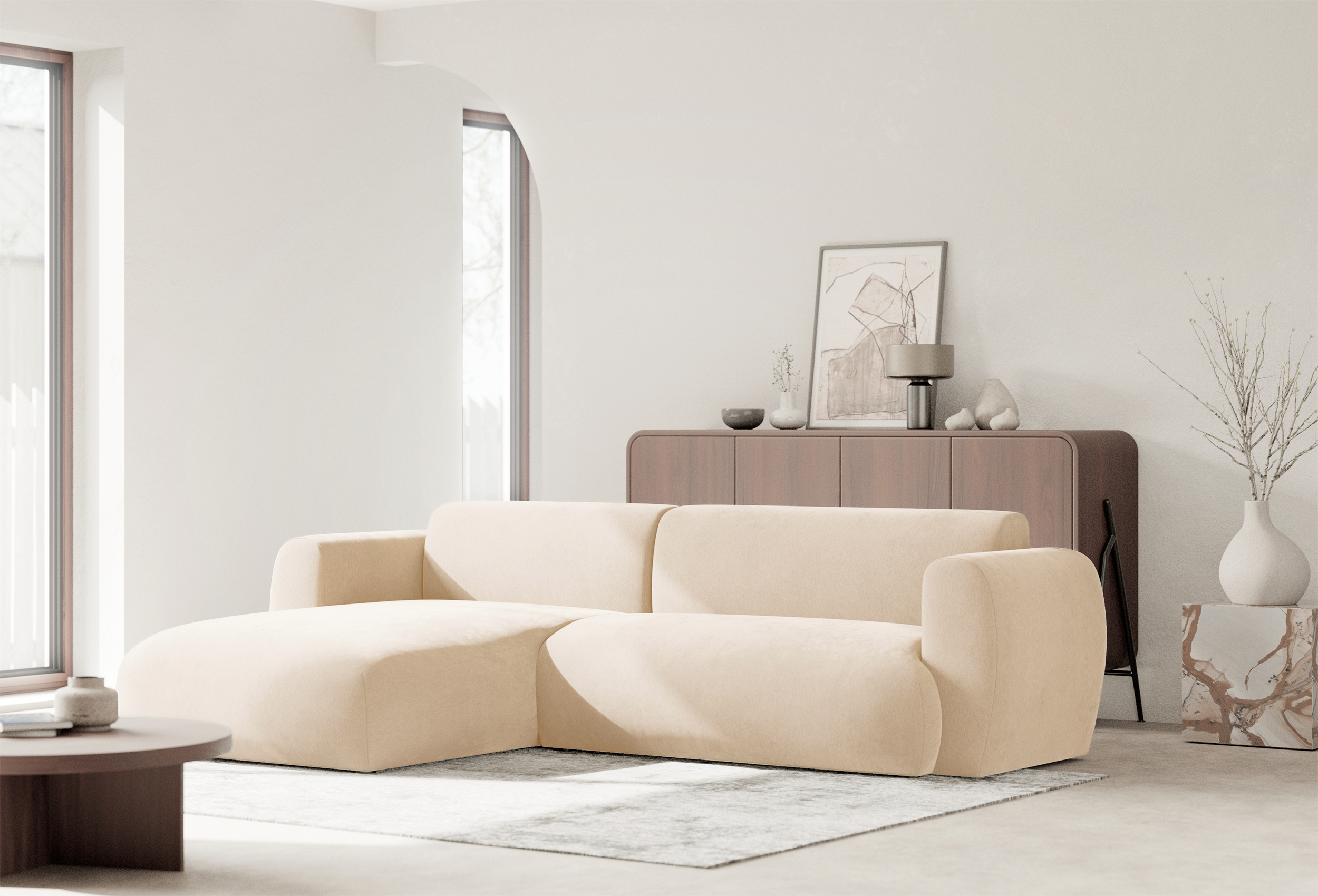 Ecksofa mit Schlaffunktion Emia, L-förmig, linksseitig, hellbeige Chenille