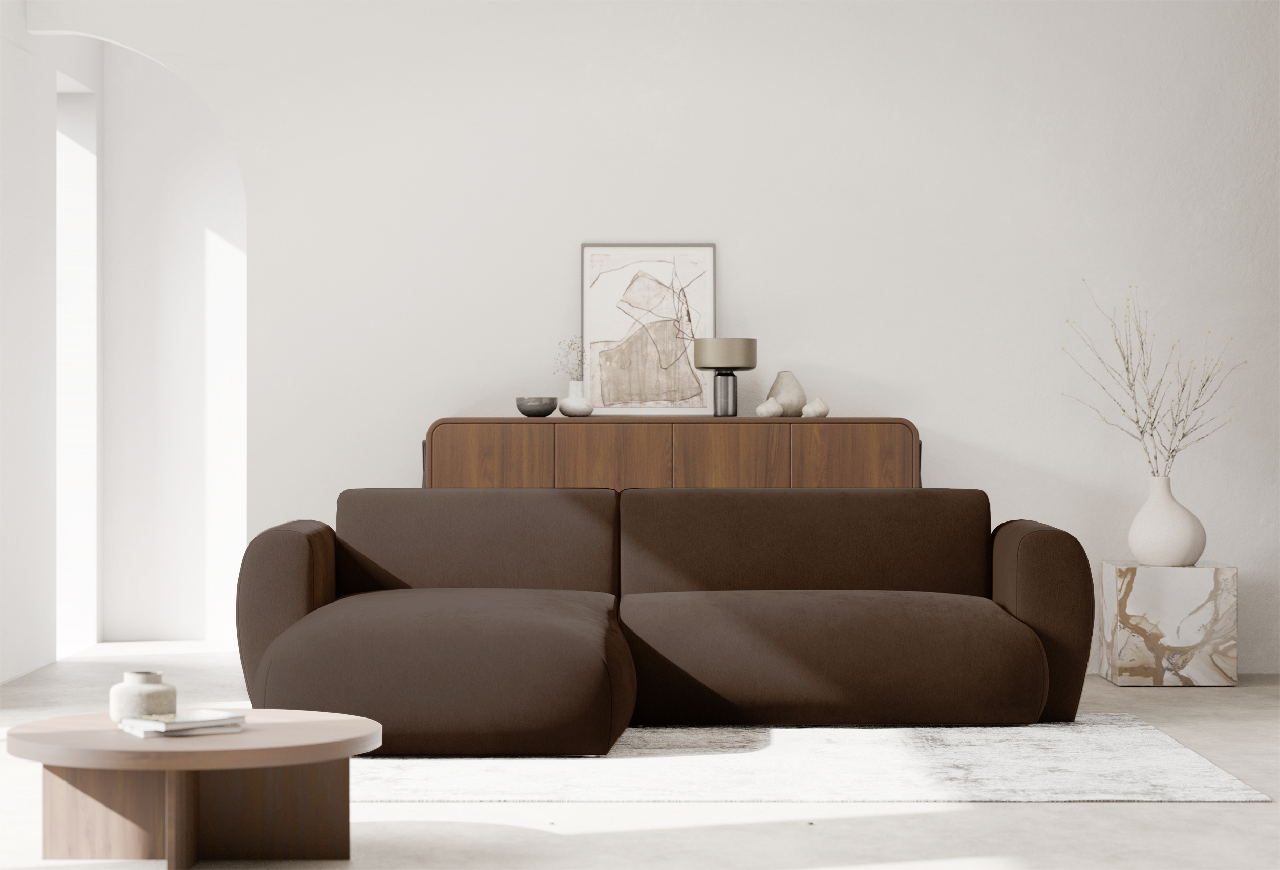 Ecksofa mit Schlaffunktion Emia, L-förmig, linksseitig, braunes Chenille