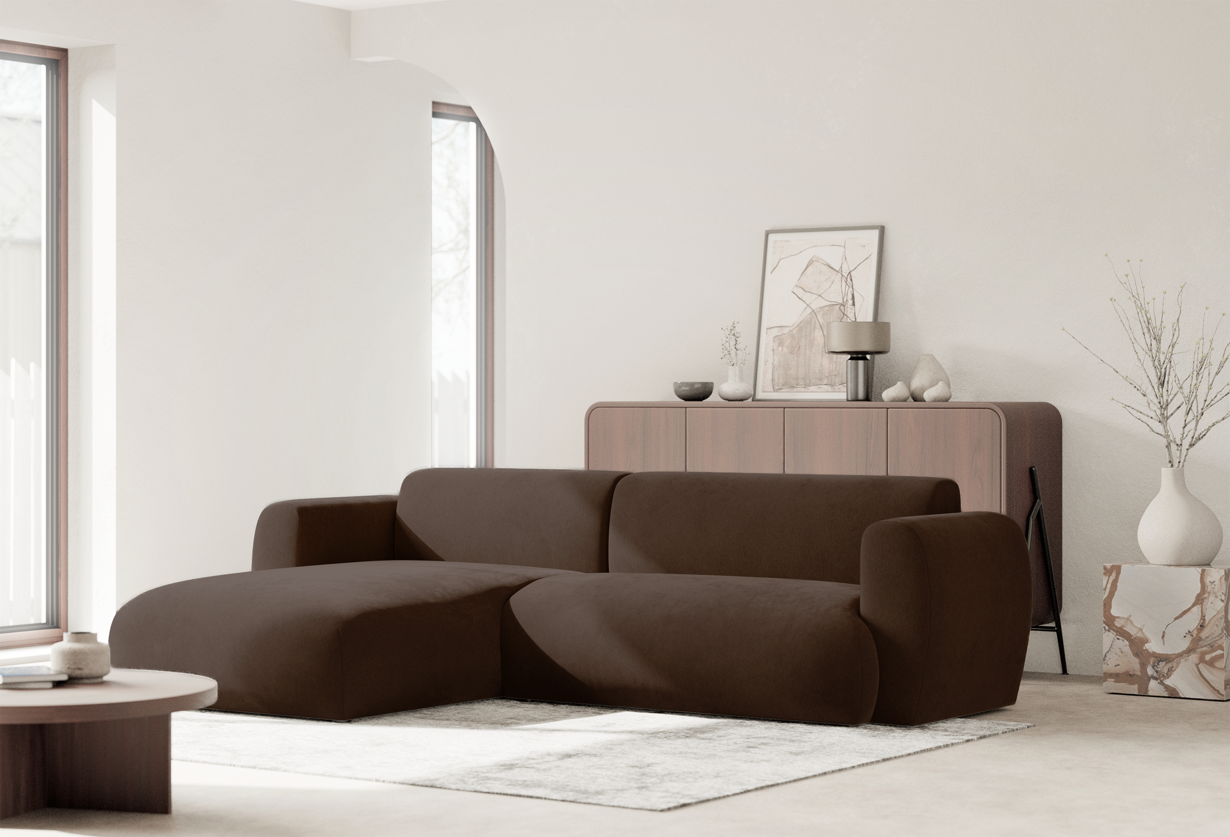 Ecksofa mit Schlaffunktion Emia, L-förmig, linksseitig, braunes Chenille