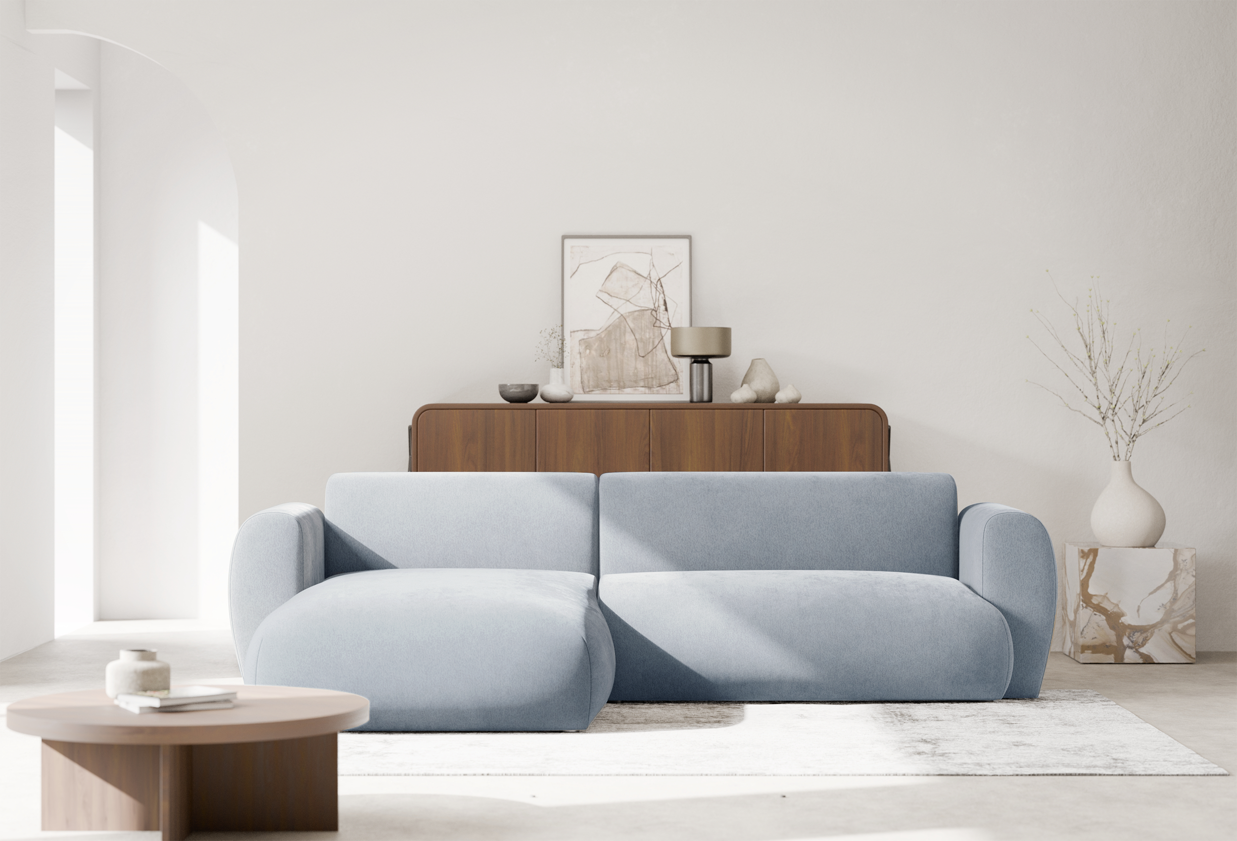 Ecksofa mit Schlaffunktion Emia, L-förmig, linksseitig, hellblauer Chenille-Bezug
