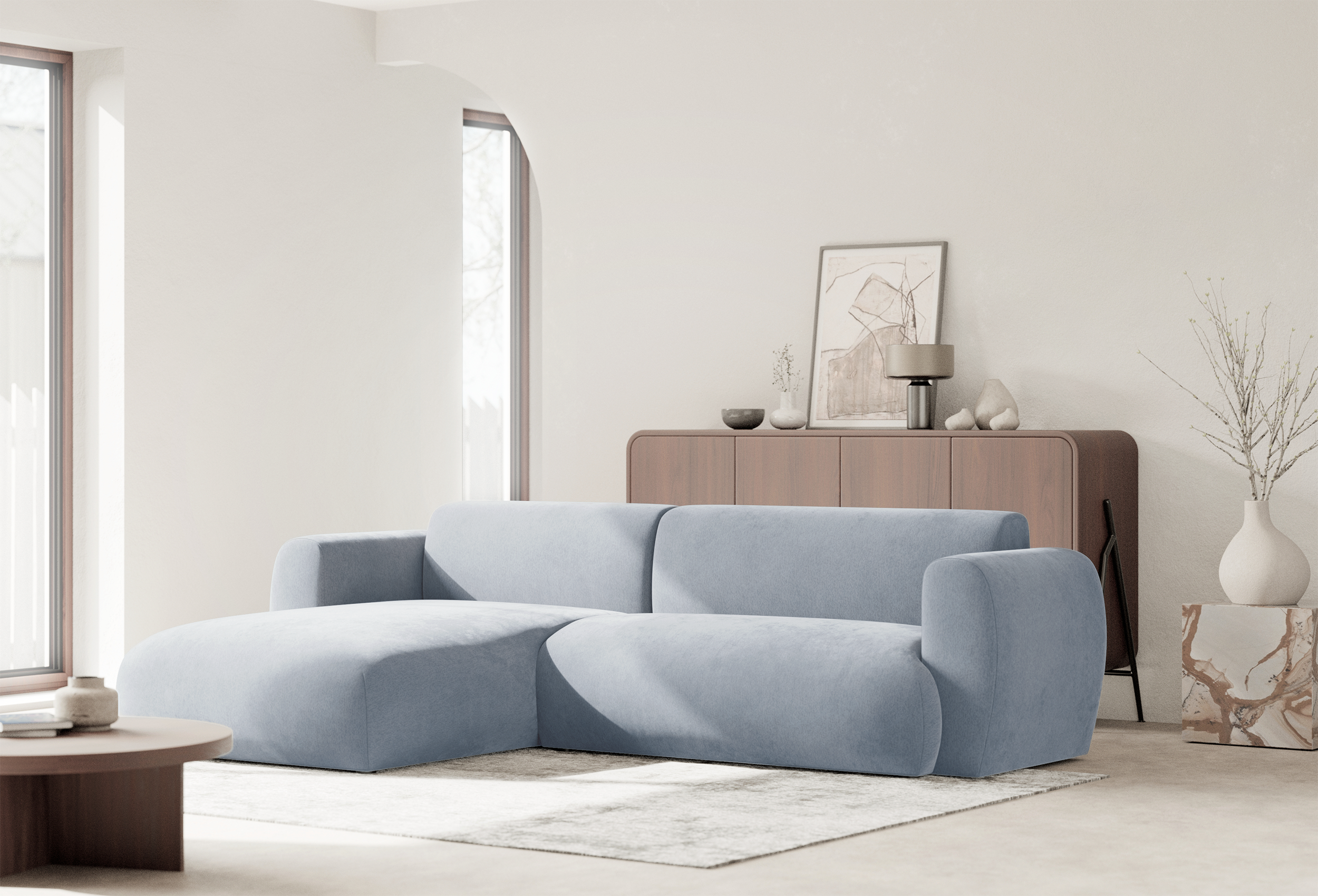 Ecksofa mit Schlaffunktion Emia, L-förmig, linksseitig, hellblauer Chenille-Bezug