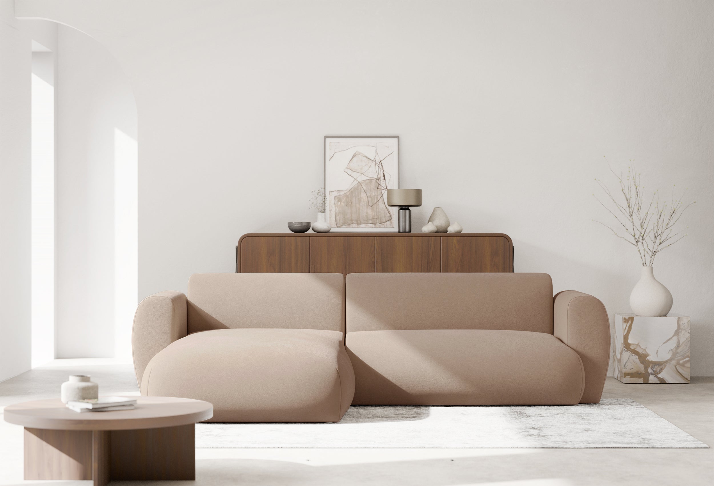 Ecksofa mit Schlafunktion Emia, L-förmig, linksseitig, beige, pflegeleichter Chenillestoff