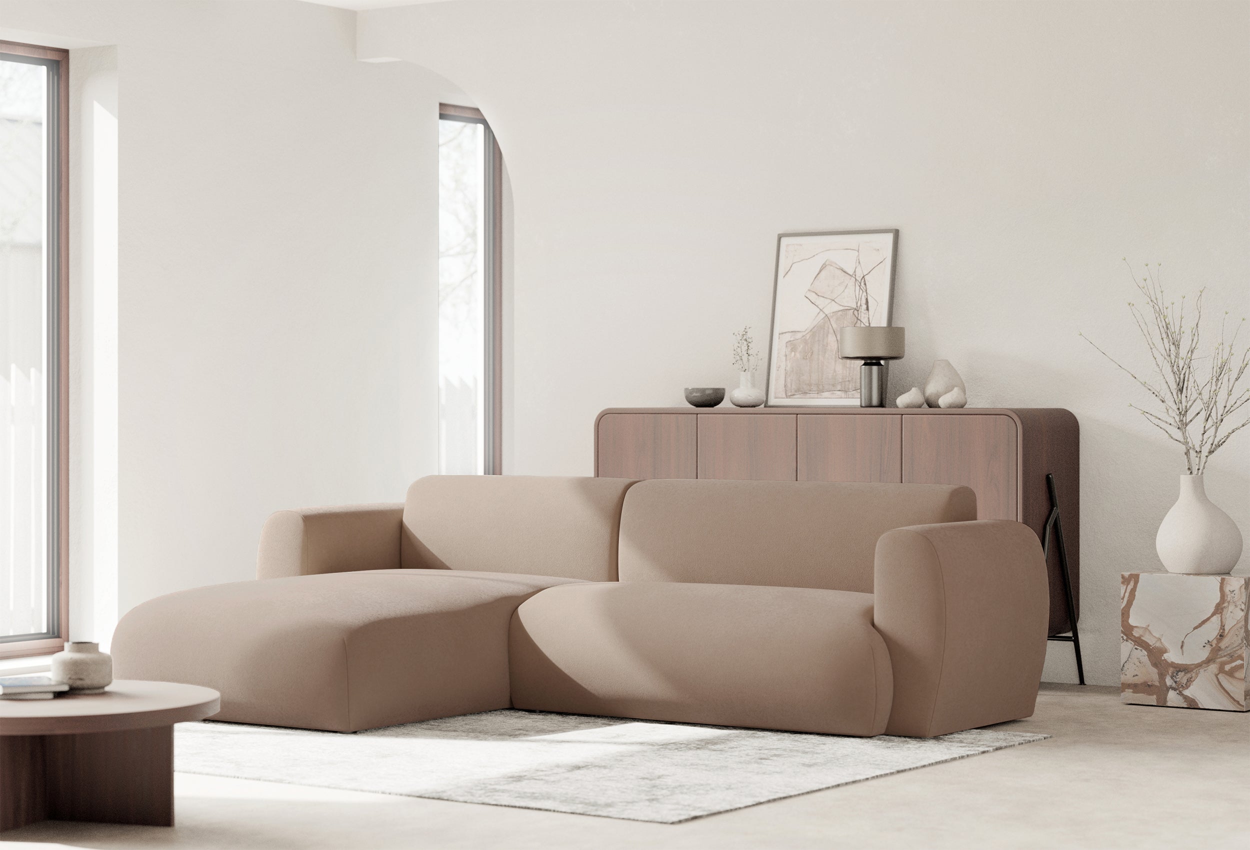 Ecksofa mit Schlafunktion Emia, L-förmig, linksseitig, beige, pflegeleichter Chenillestoff