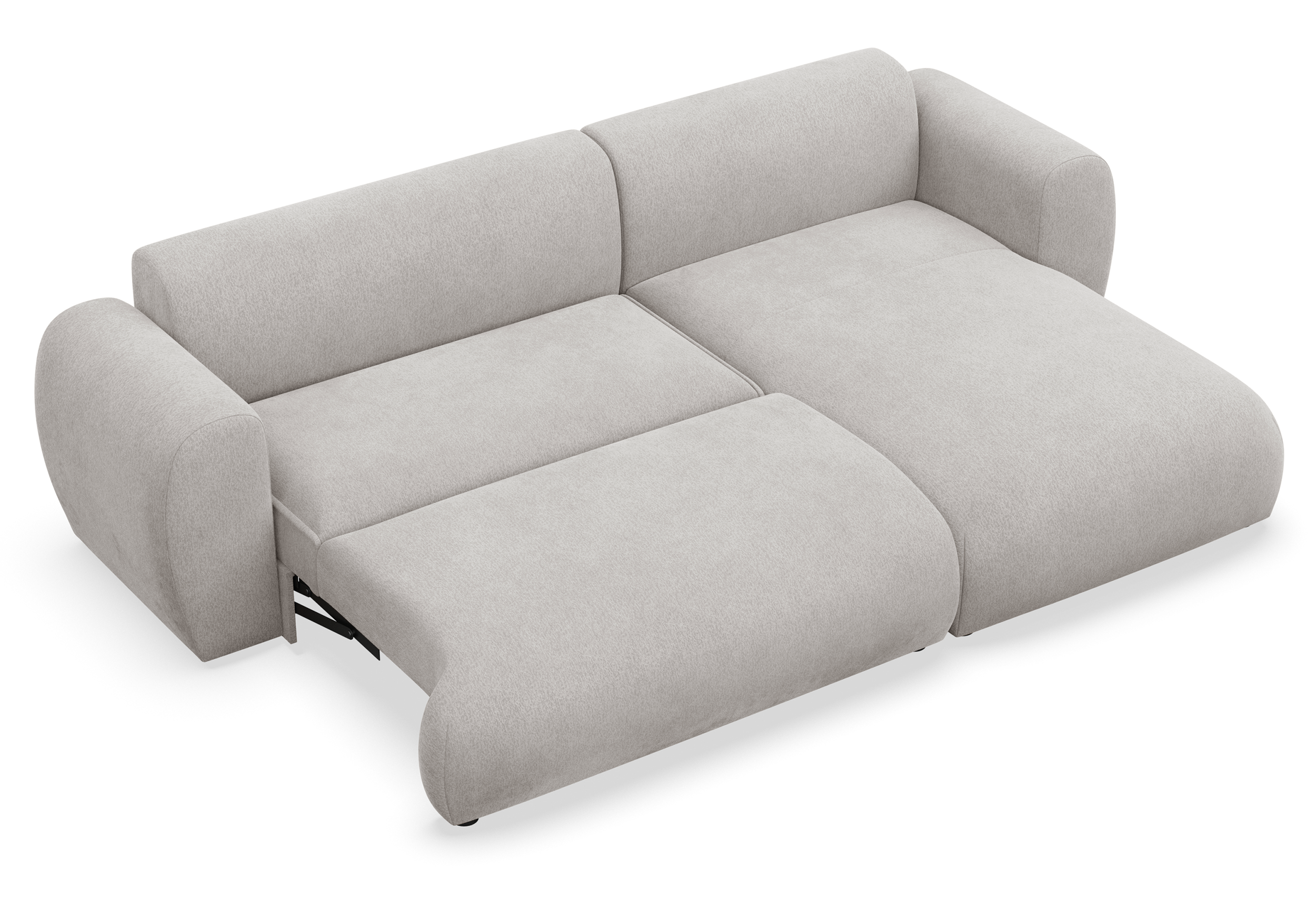 Ecksofa mit Schlaffunktion Emia, L-förmig, rechtsseitig, hellgrauer Chenille-Stoff