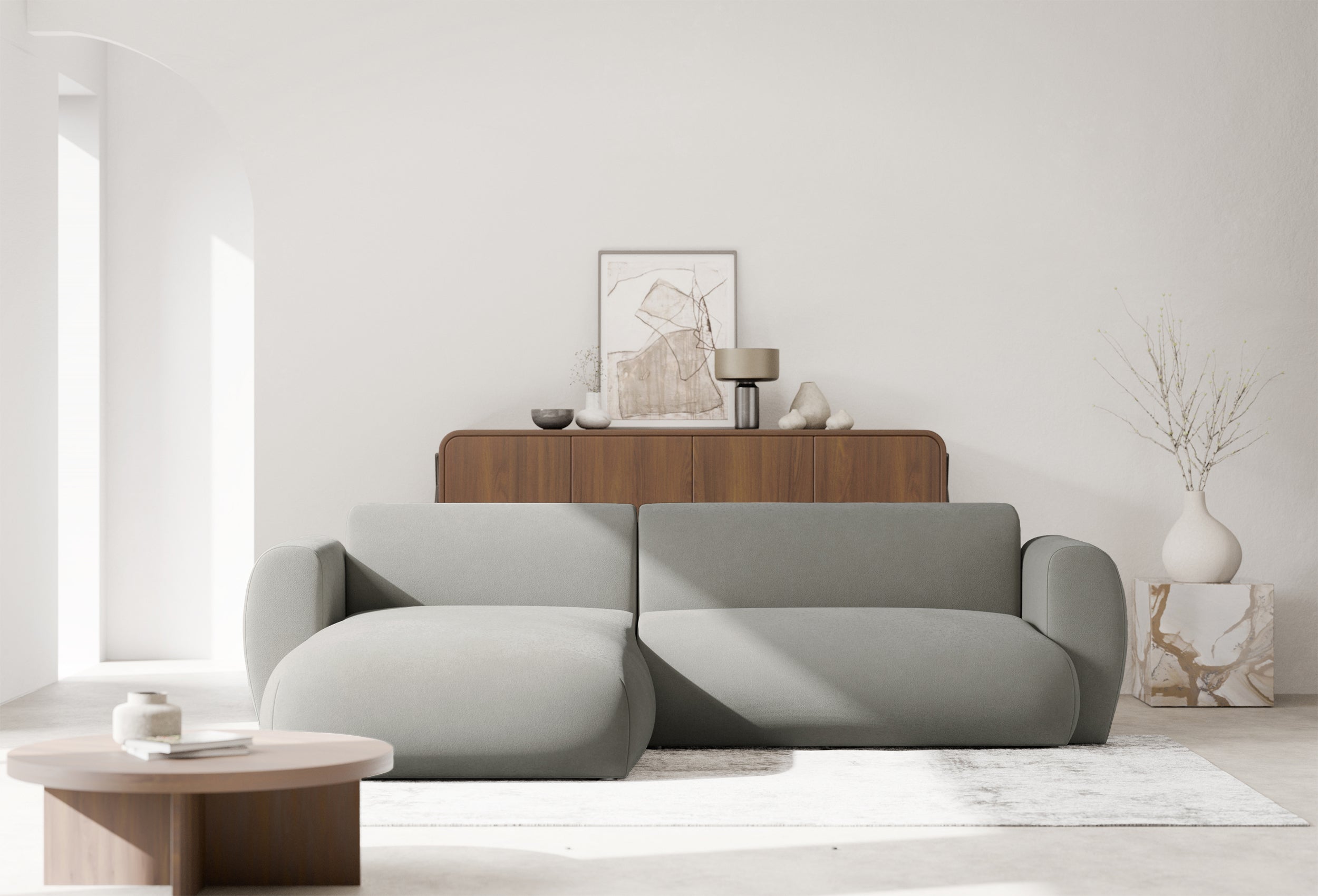 Ecksofa mit Schlafunktion Emia L-förmig, linksseitig, hellgrauer Chenille-Stoff, leicht zu reinigen