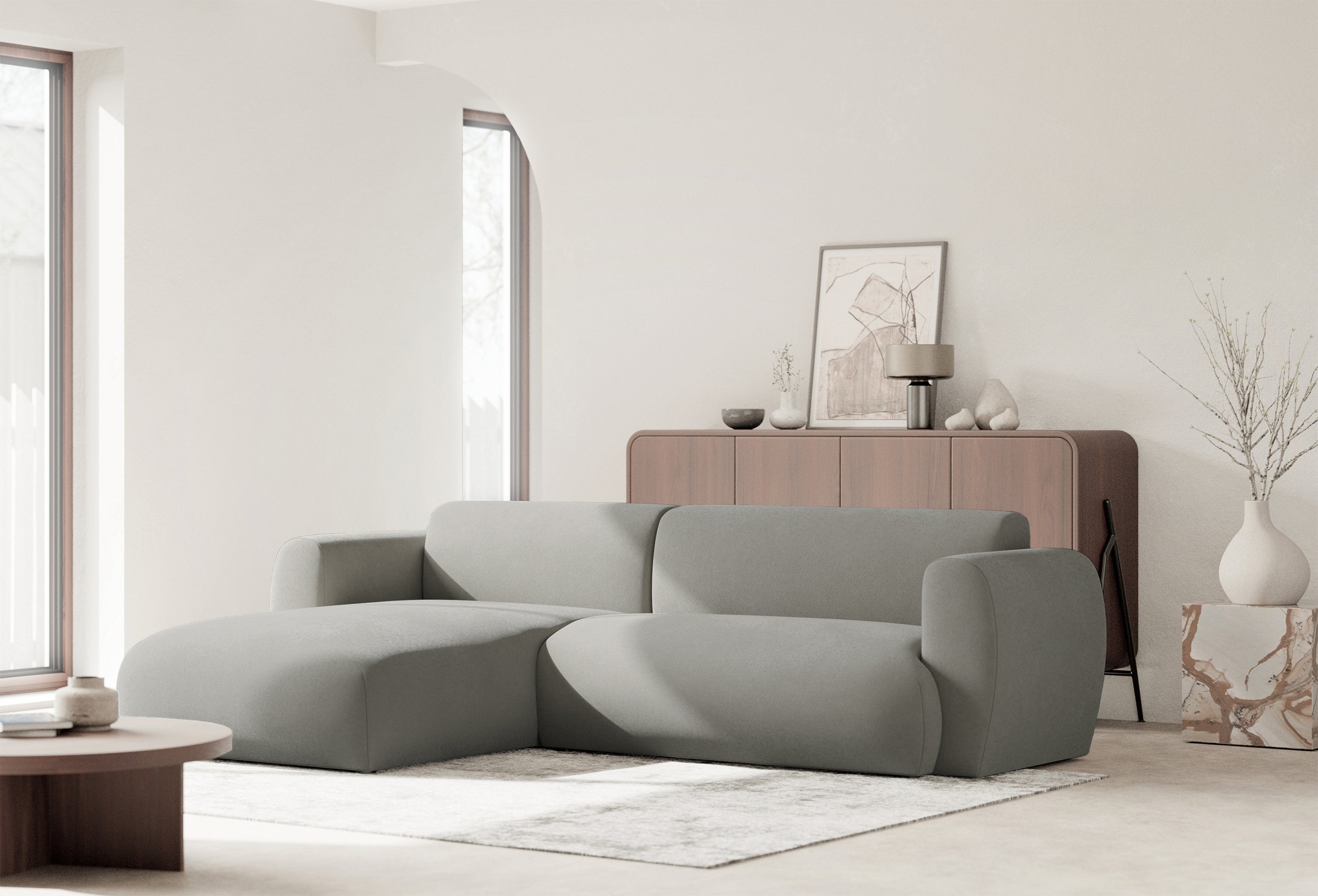 Ecksofa mit Schlafunktion Emia L-förmig, linksseitig, hellgrauer Chenille-Stoff, leicht zu reinigen