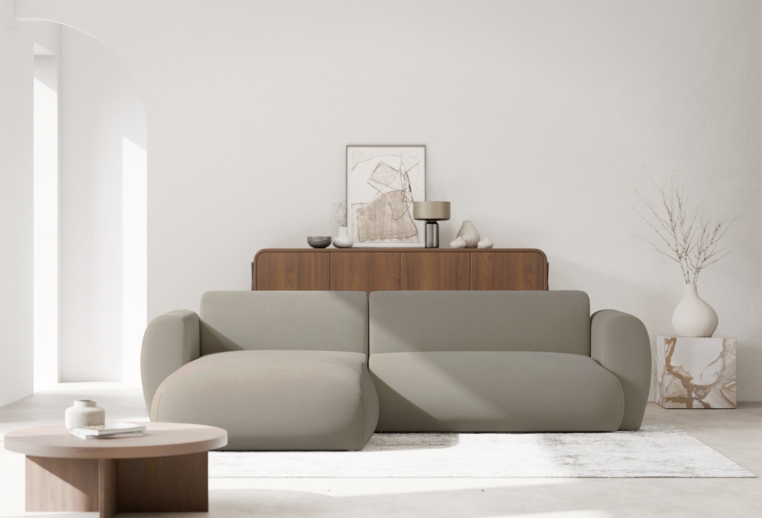 Ecksofa mit Schlafunktion Emia, L-förmig, linksseitig, grau-beige, pflegeleichter Chenillestoff
