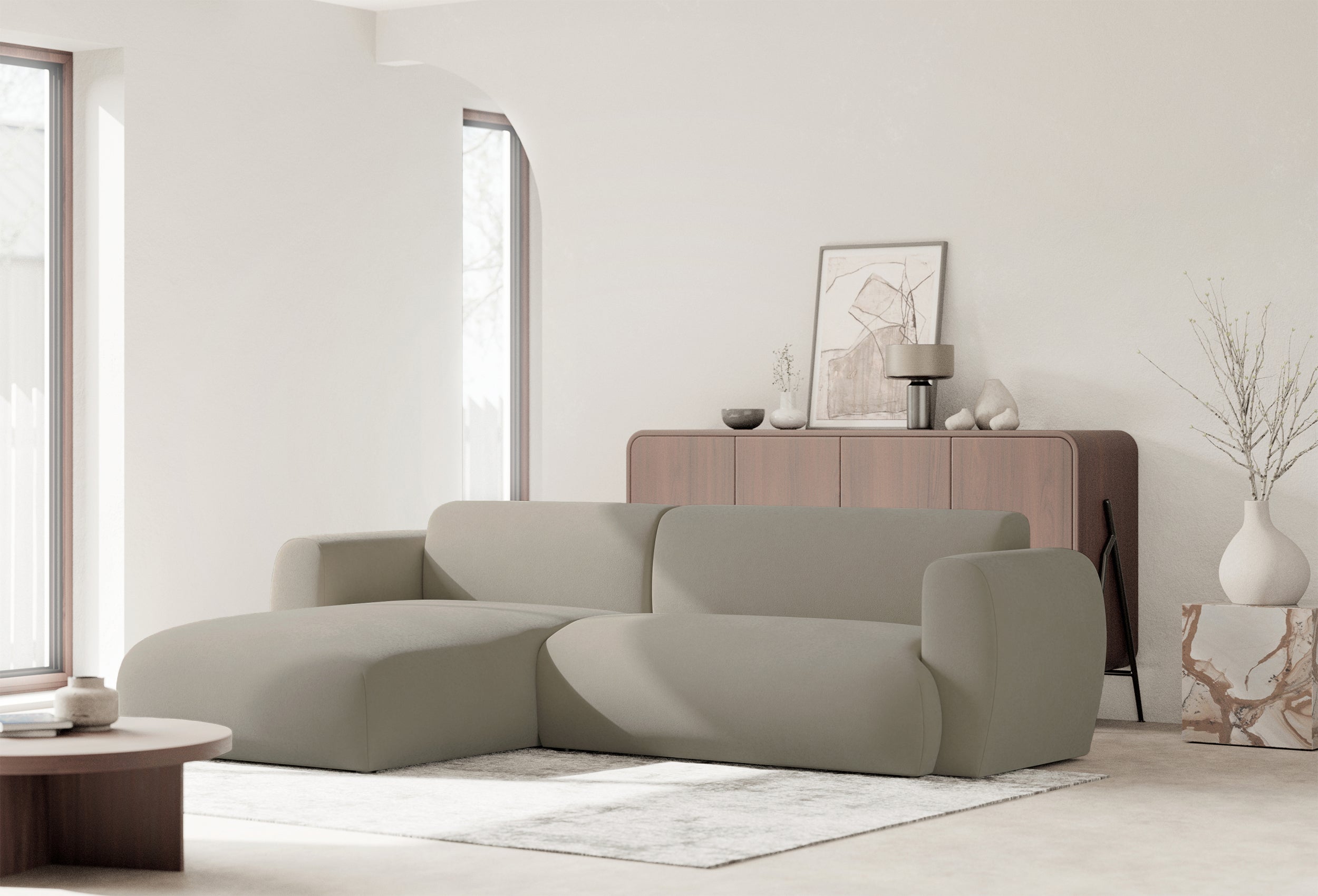 Ecksofa mit Schlafunktion Emia, L-förmig, linksseitig, grau-beige, pflegeleichter Chenillestoff