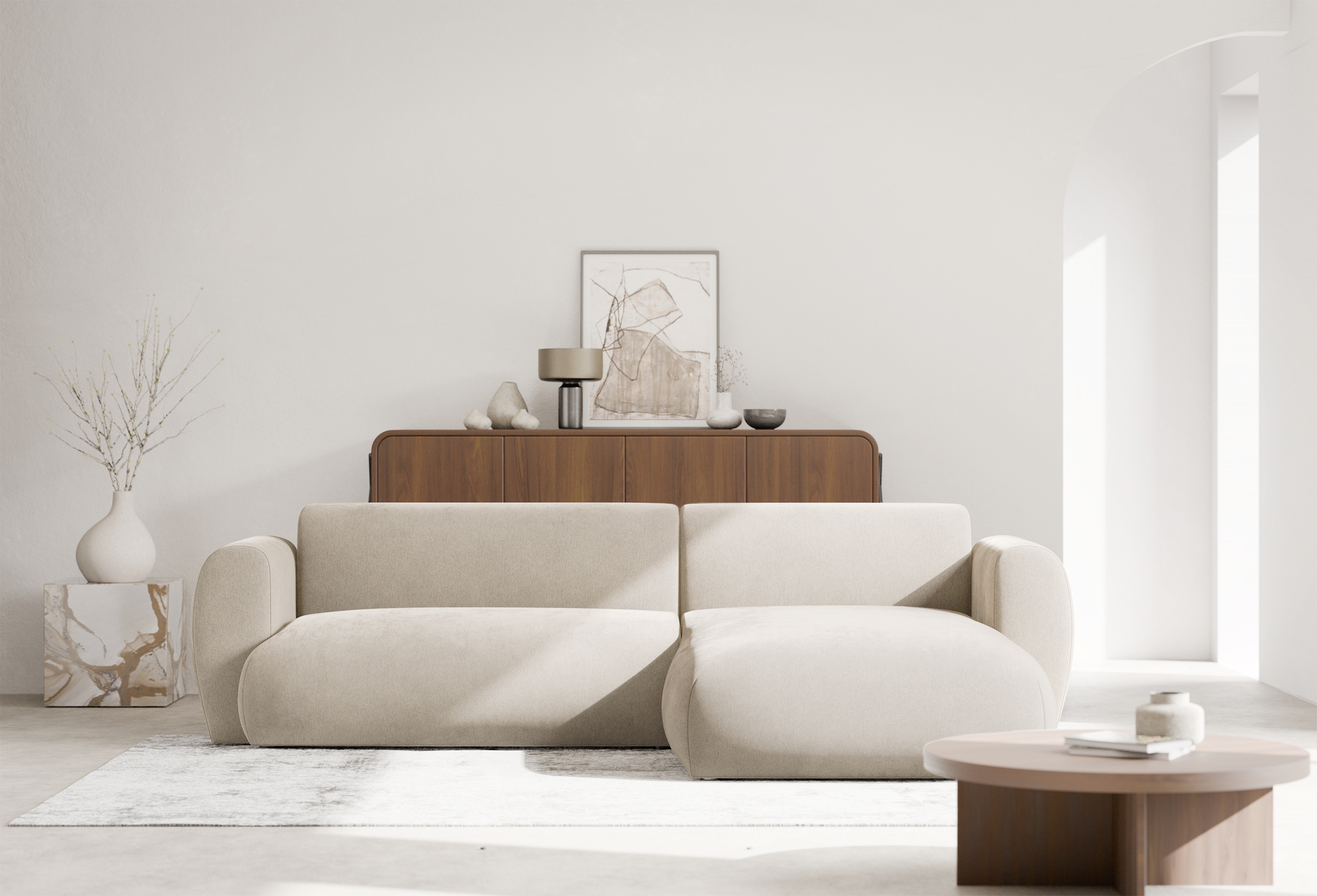 Ecksofa mit Schlaffunktion Emia, L-Form, rechtsseitig, beige Chenille
