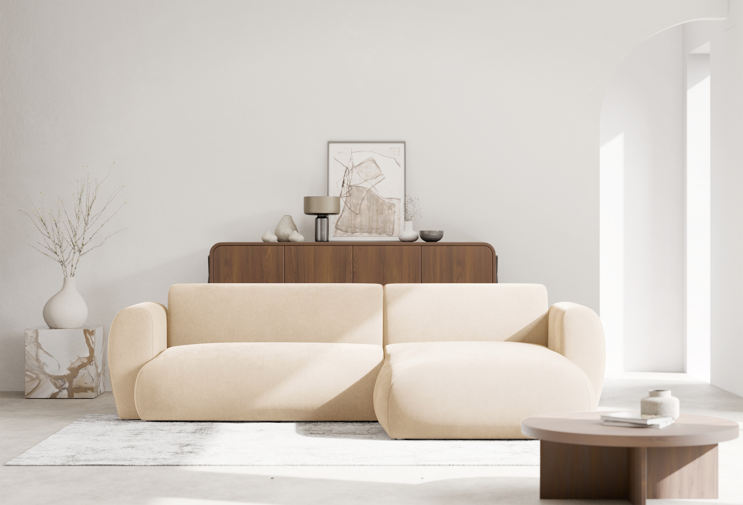 Ecksofa mit Schlaffunktion Emia, L-förmig, rechtsseitig, hellbeige Chenille