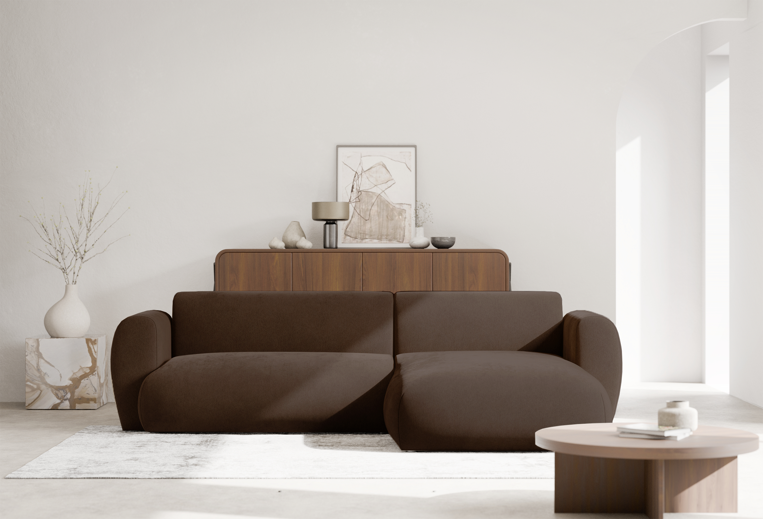 Ecksofa mit Schlaffunktion Emia, L-förmig, rechtsseitig, brauner Chenille-Bezug