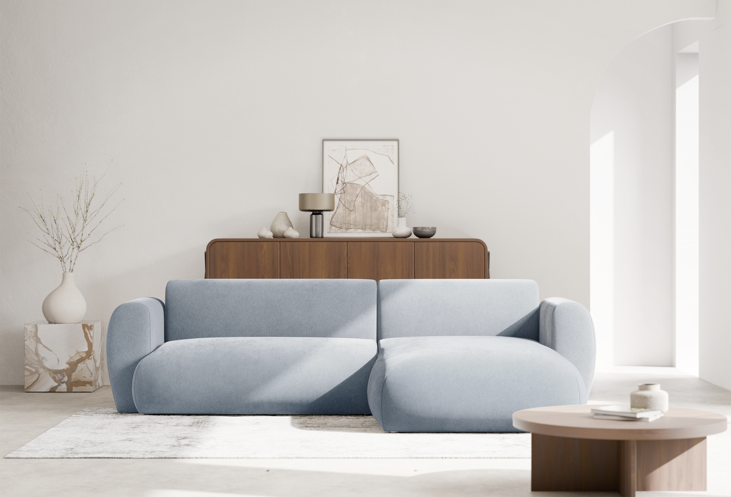 Ecksofa mit Schlaffunktion Emia, L-förmig, rechtsseitig, hellblauer Chenille-Stoff