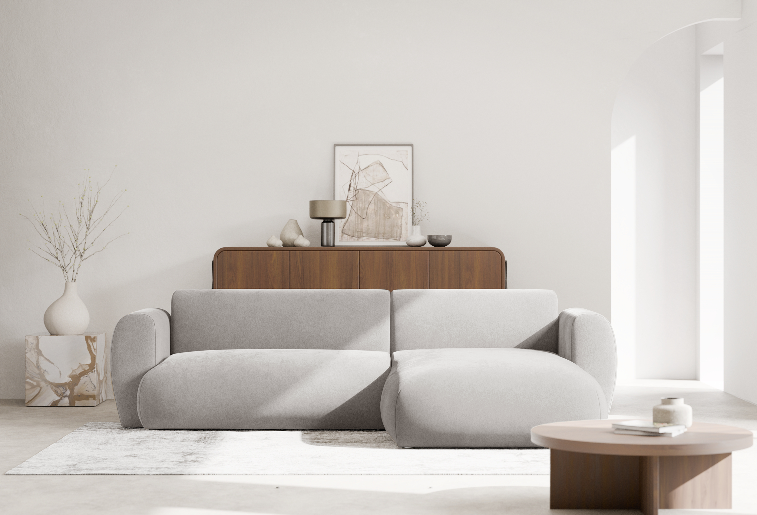 Ecksofa mit Schlaffunktion Emia, L-förmig, rechtsseitig, hellgrauer Chenille-Stoff