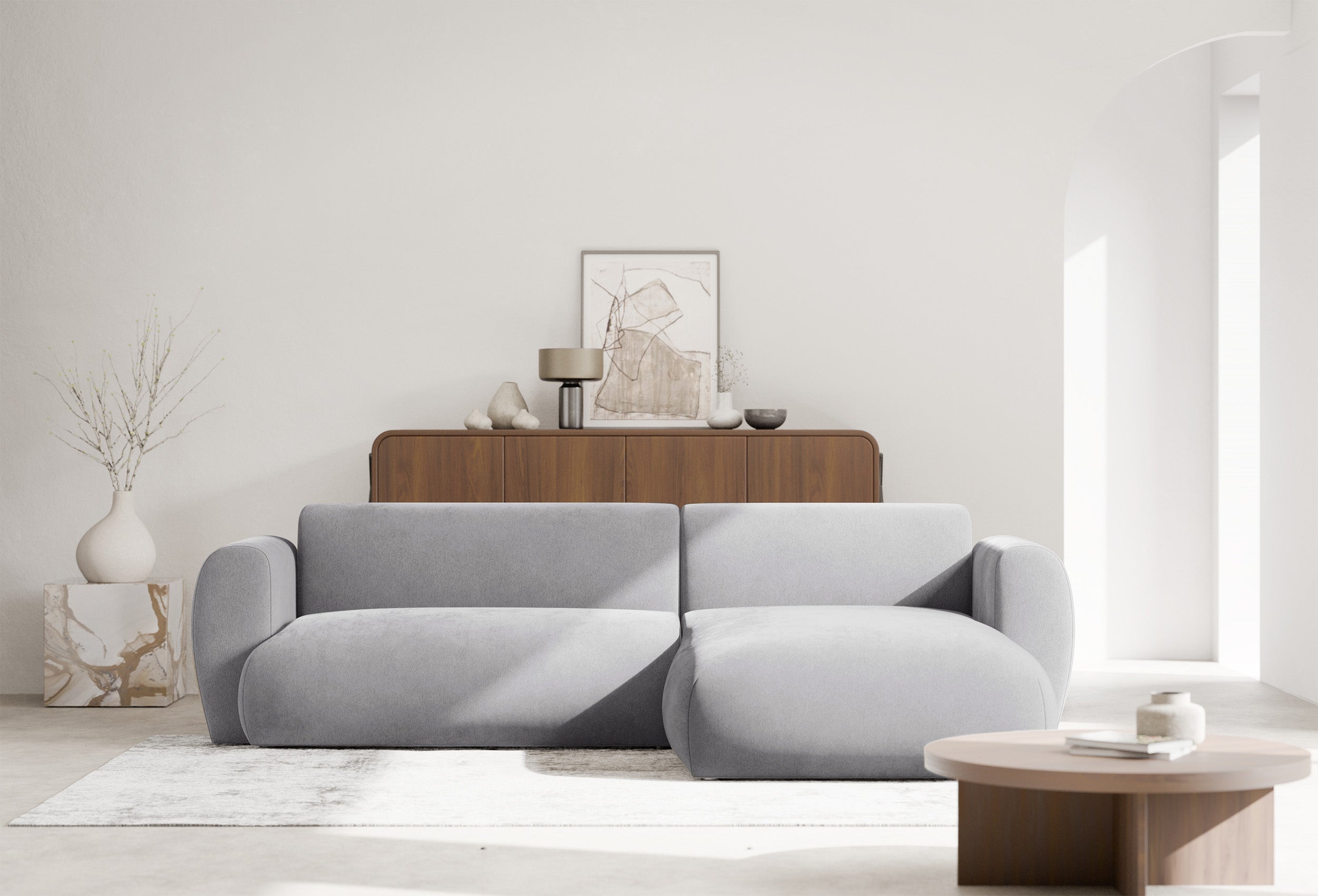 Ecksofa mit Schlaffunktion Emia, L-förmig, rechtsseitig, grau Chenille