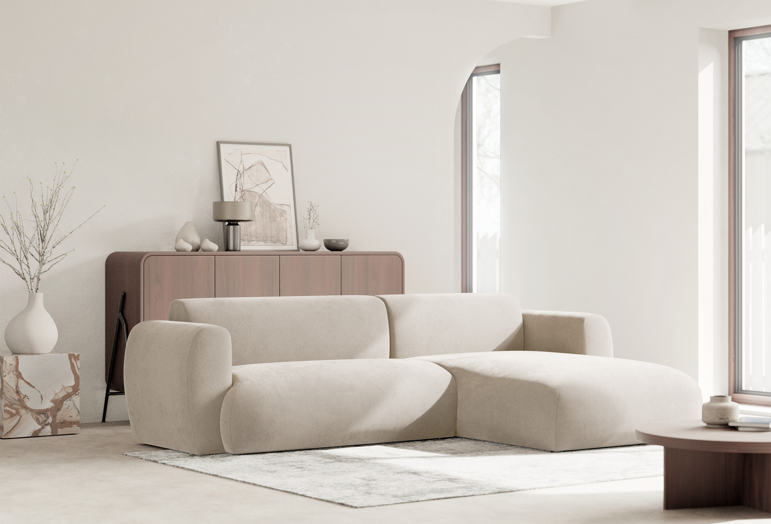 Ecksofa mit Schlaffunktion Emia, L-Form, rechtsseitig, beige Chenille