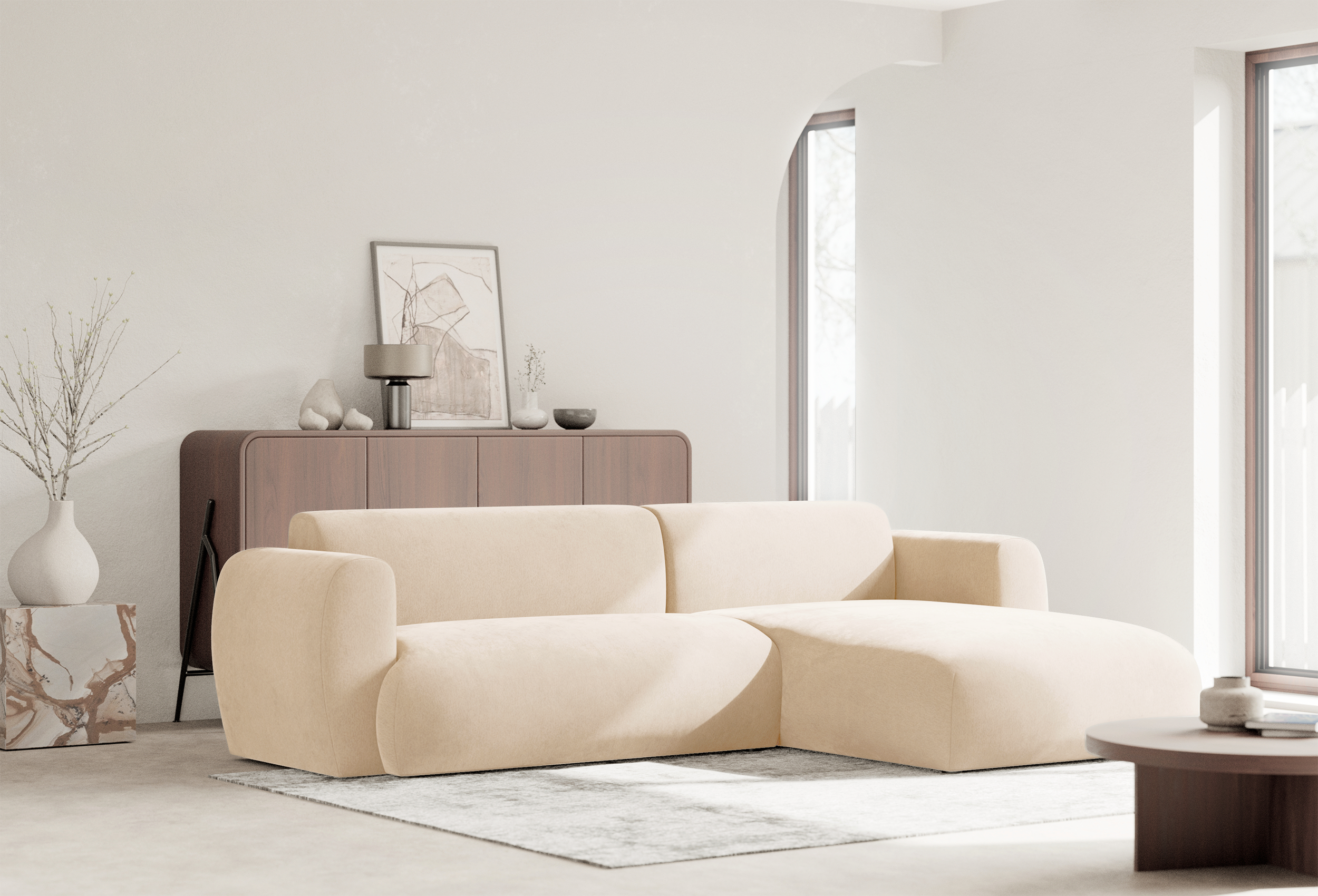 Ecksofa mit Schlaffunktion Emia, L-förmig, rechtsseitig, hellbeige Chenille