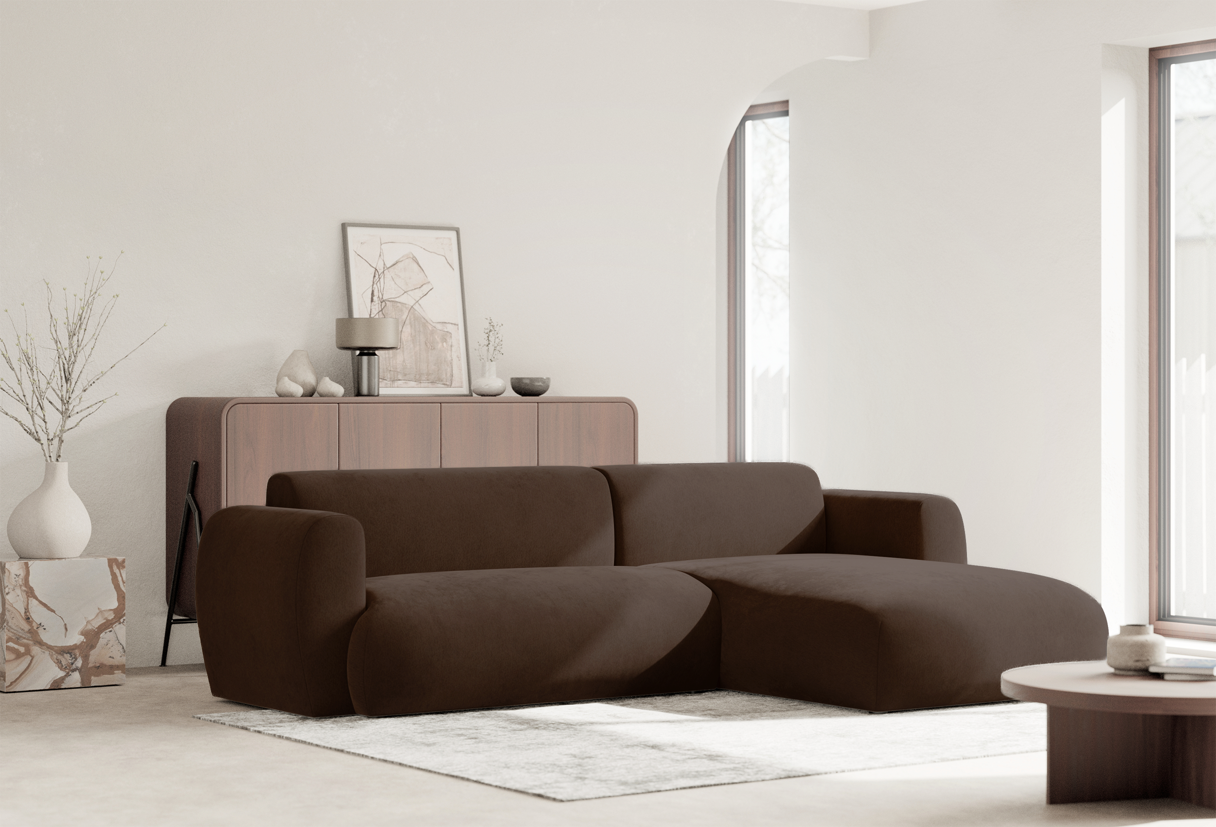 Ecksofa mit Schlaffunktion Emia, L-förmig, rechtsseitig, brauner Chenille-Bezug
