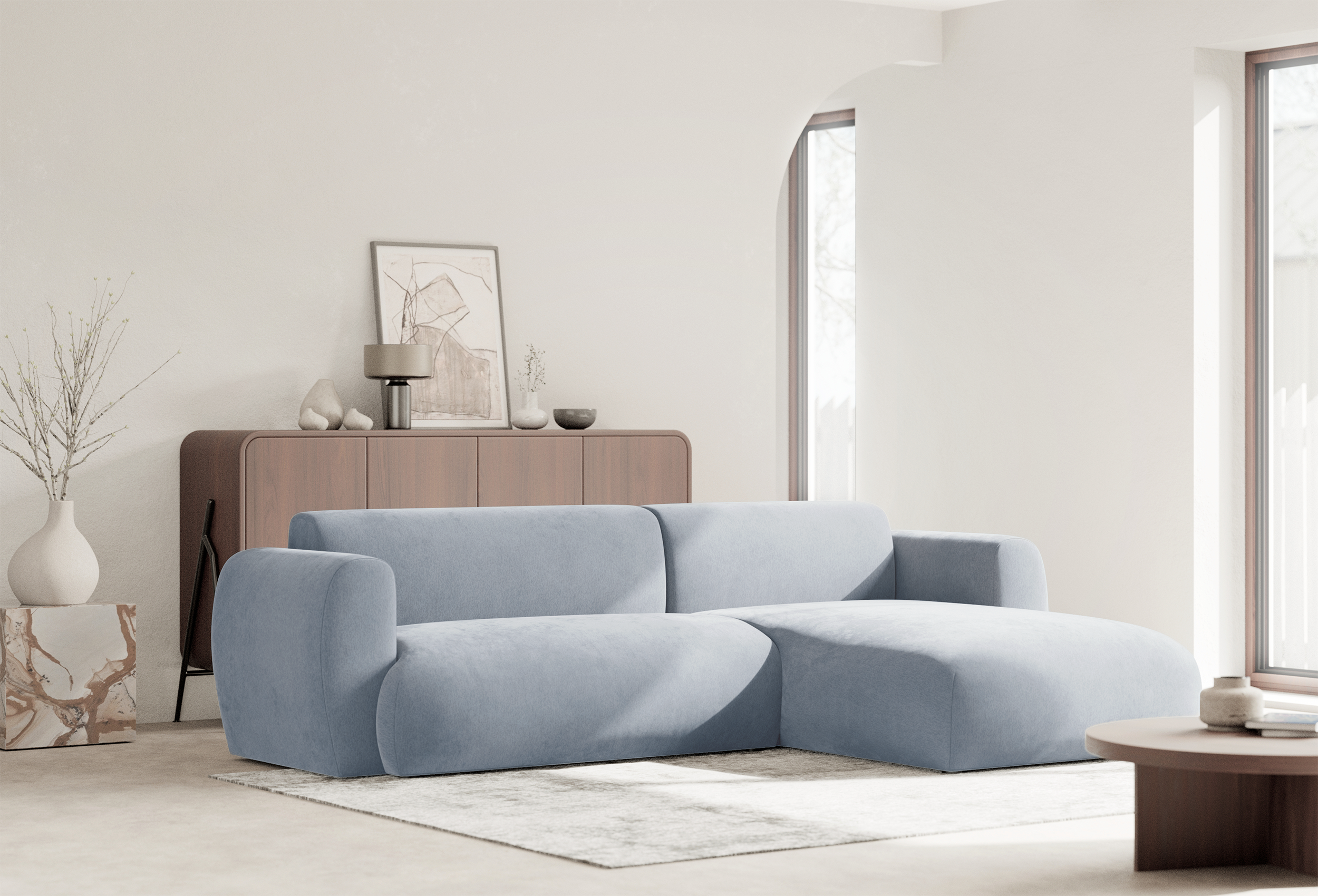 Ecksofa mit Schlaffunktion Emia, L-förmig, rechtsseitig, hellblauer Chenille-Stoff