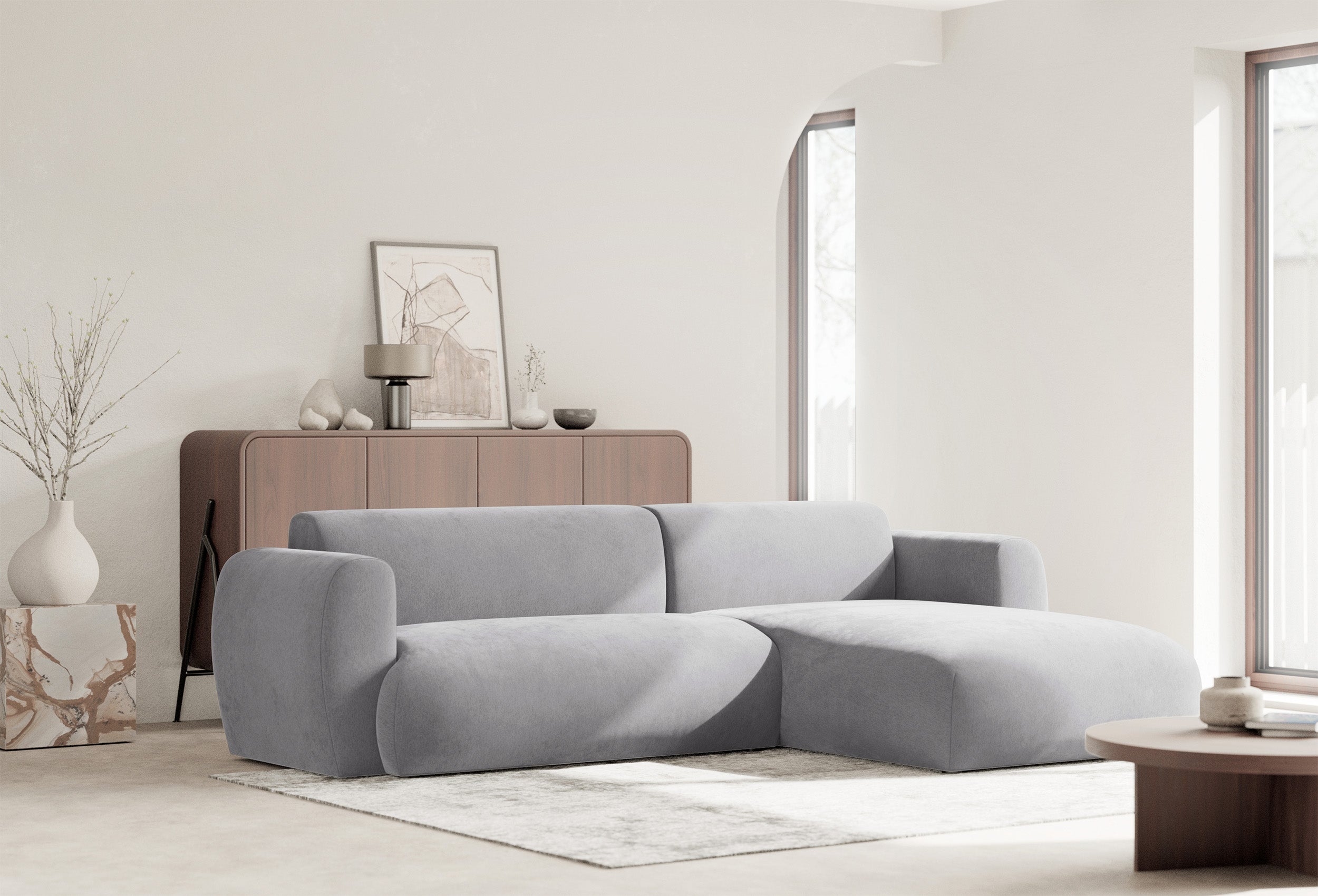 Ecksofa mit Schlaffunktion Emia, L-förmig, rechtsseitig, grau Chenille
