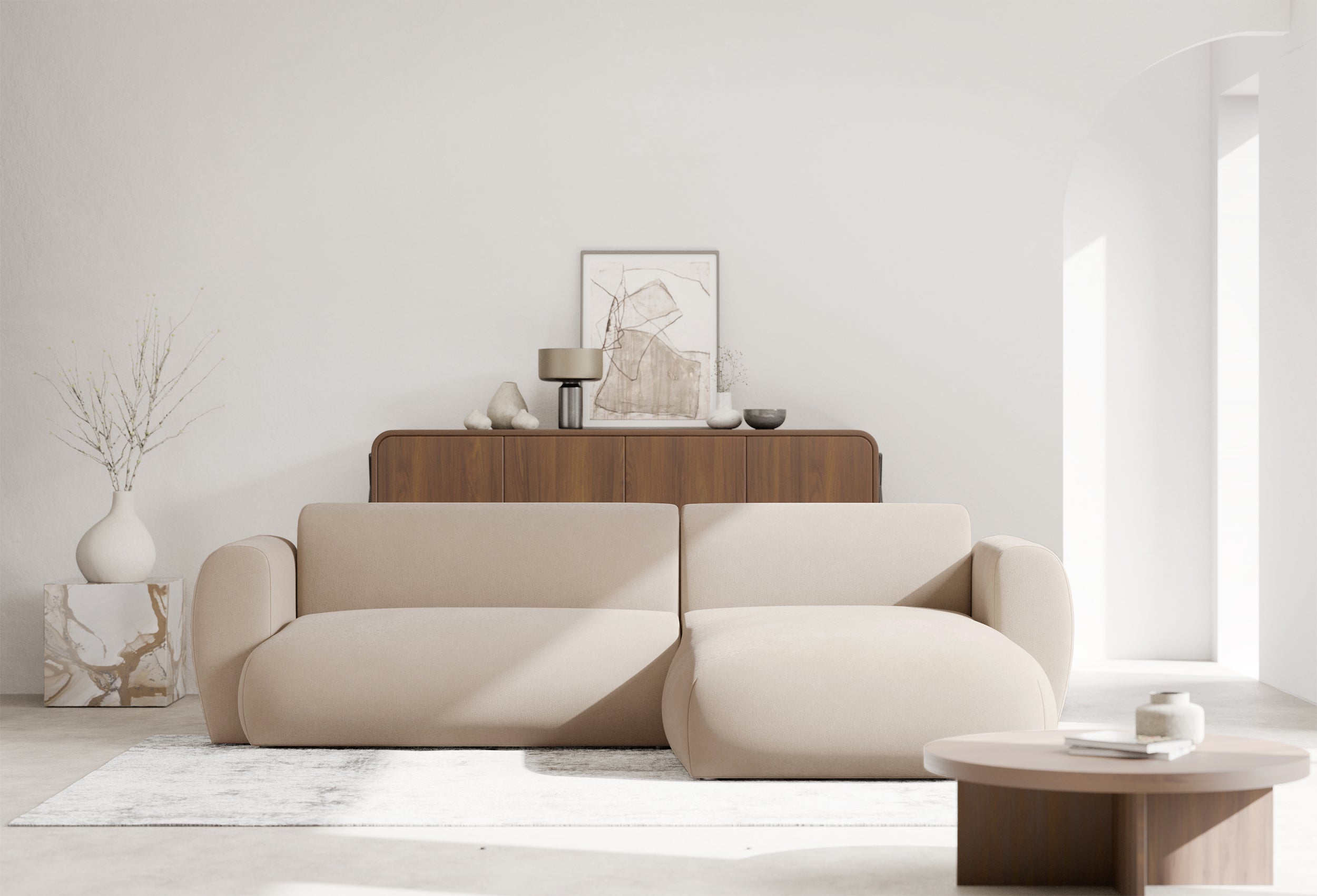 Ecksofa mit Schlaffunktion Emia, L-förmig, rechtsseitig, cremefarben, pflegeleichter Chenillebezug