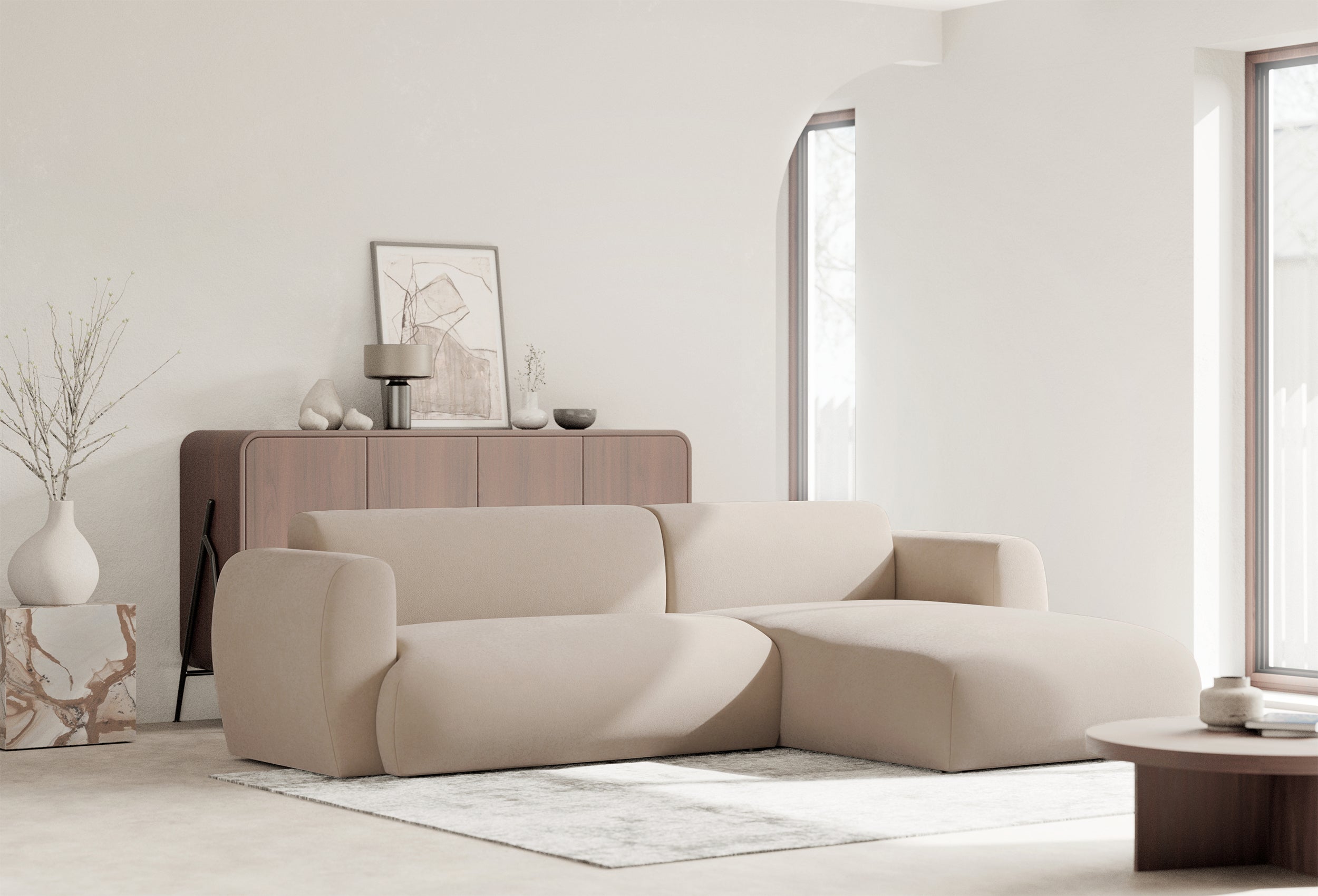 Ecksofa mit Schlaffunktion Emia, L-förmig, rechtsseitig, cremefarben, pflegeleichter Chenillebezug