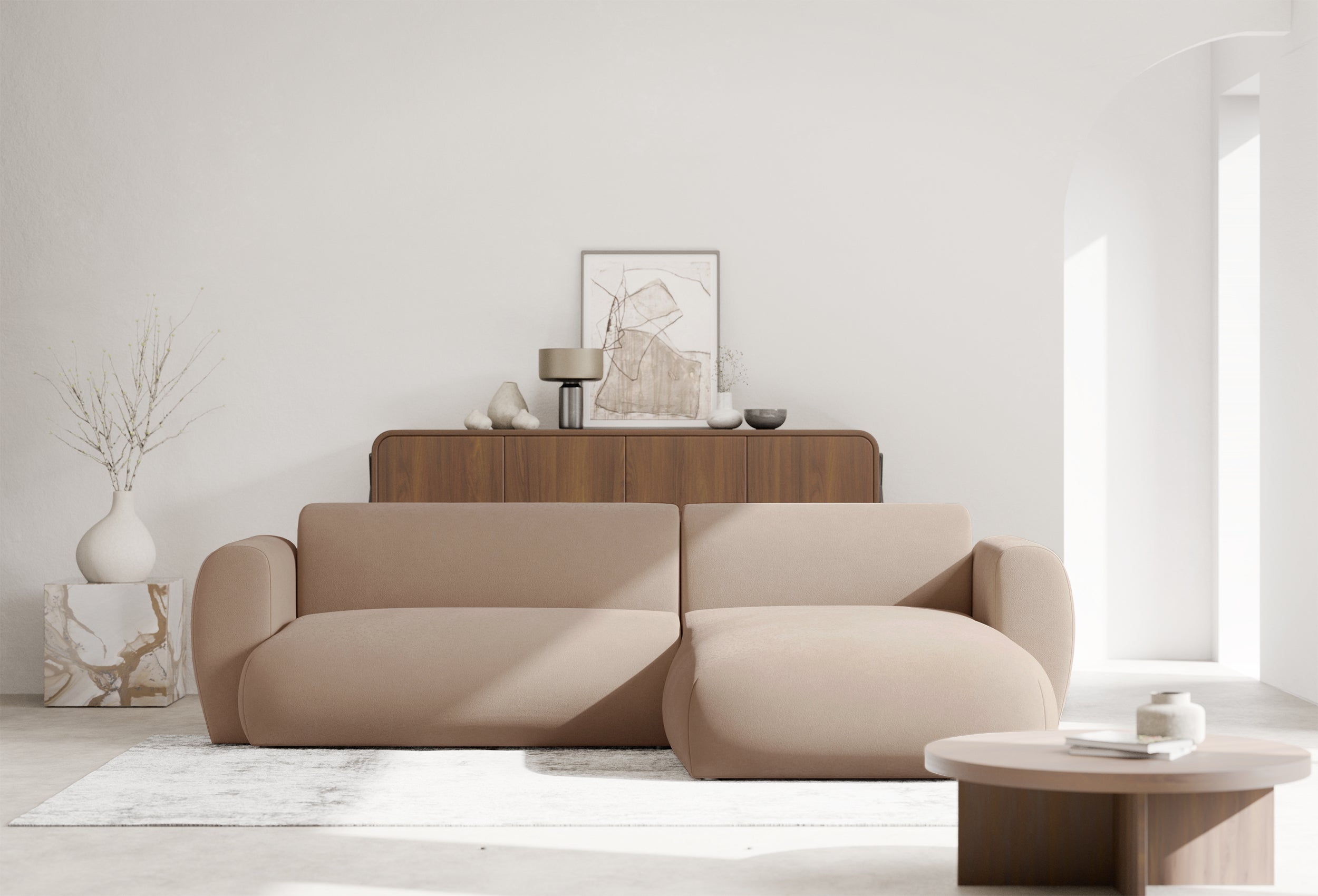 Ecksofa mit Schlaffunktion Emia, L-Form, rechtsseitig, beige, pflegeleichter Chenillestoff