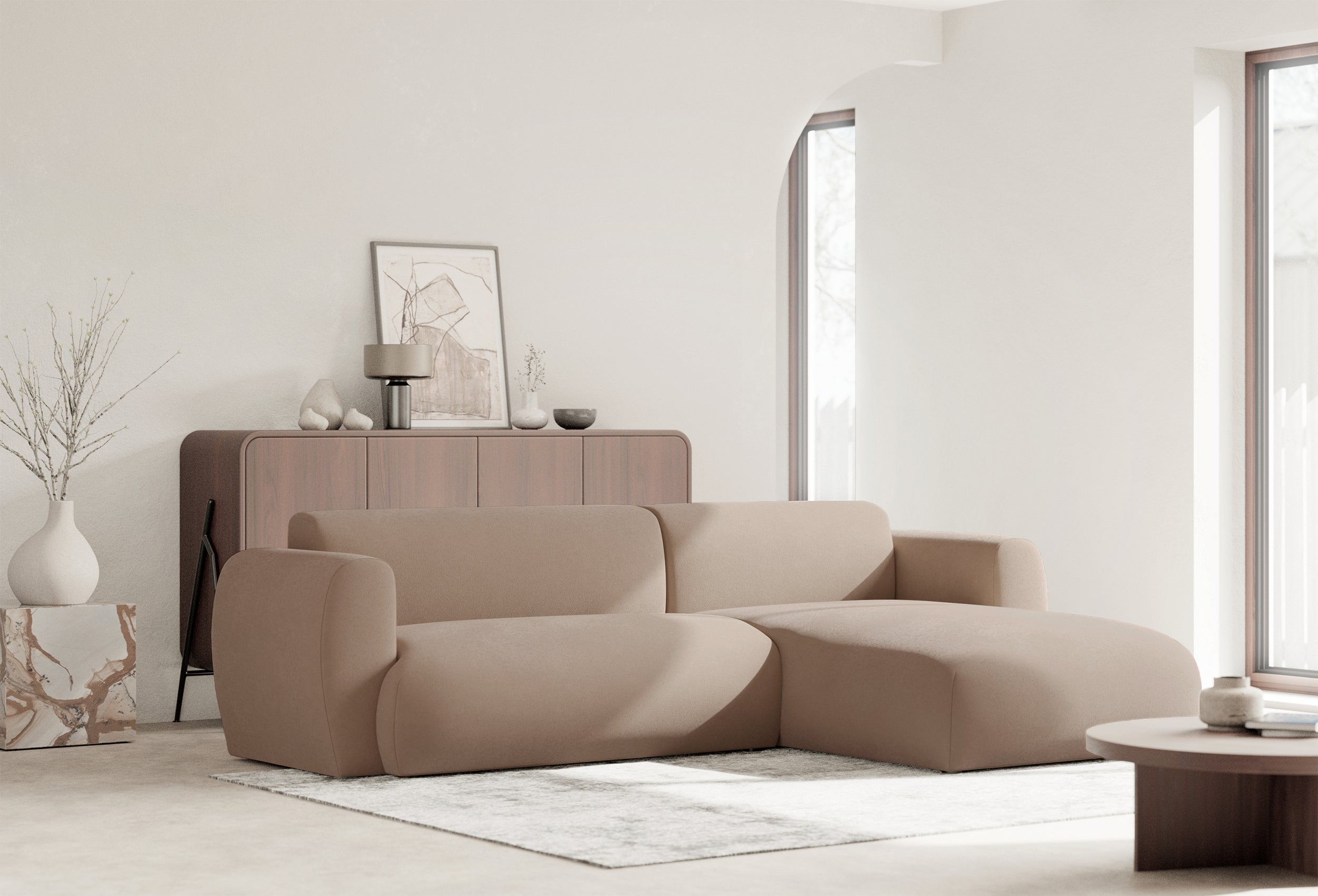 Ecksofa mit Schlaffunktion Emia, L-Form, rechtsseitig, beige, pflegeleichter Chenillestoff