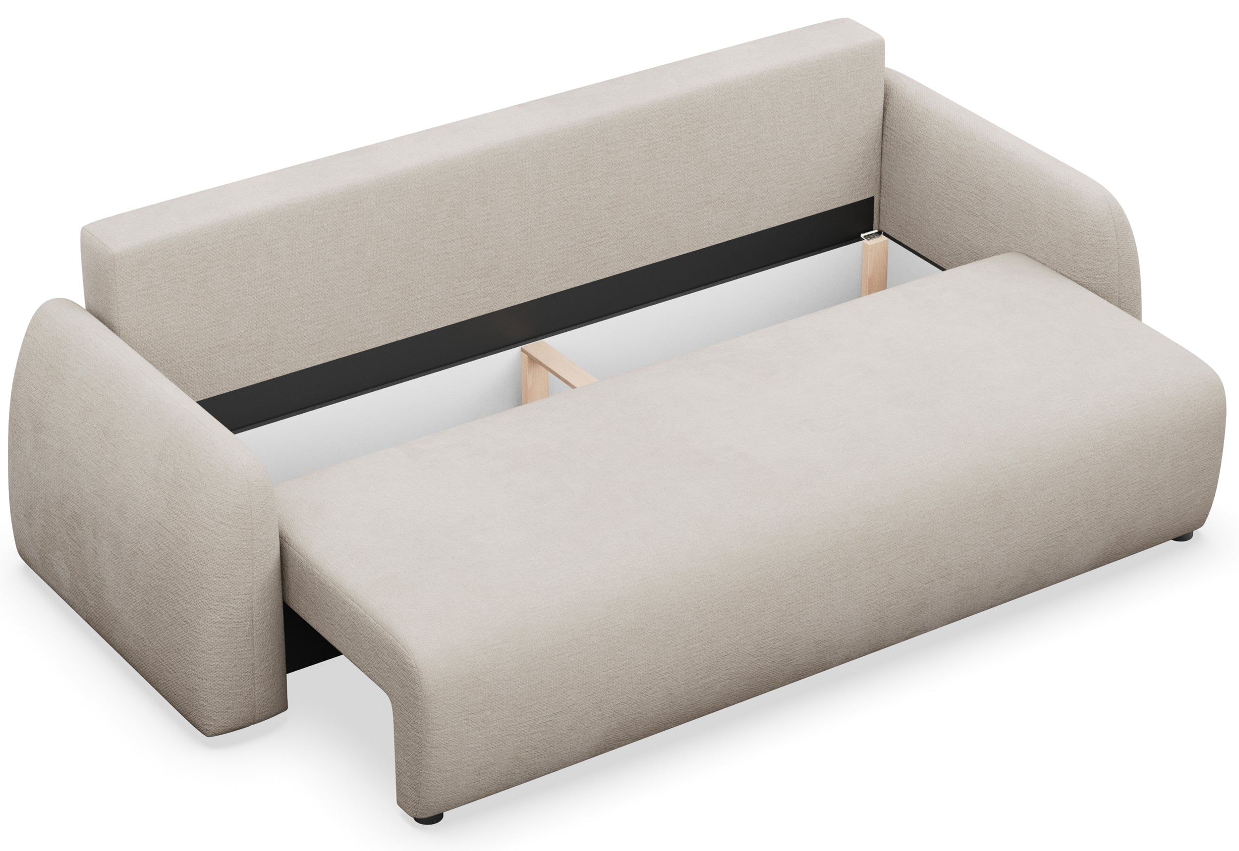 Dreisitziges ausklappbares Sofa Nubelle mit Stauraum, hellbeiger hydrophober Chenillestoff