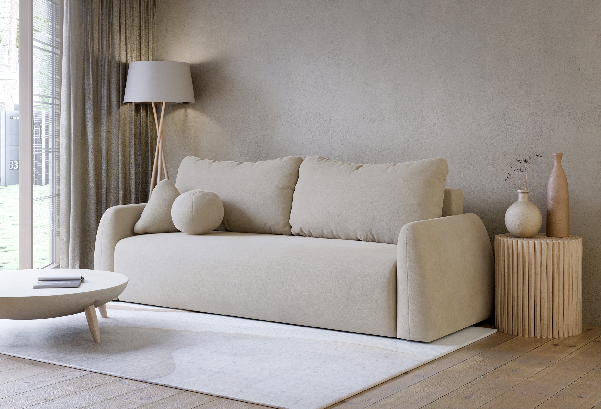 Dreisitziges ausklappbares Sofa Nubelle mit Stauraum, hellbeiger hydrophober Chenillestoff