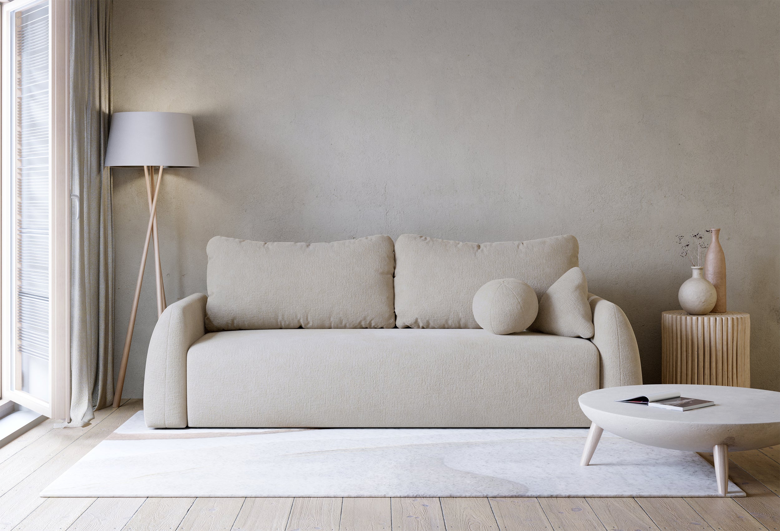 Dreisitziges ausklappbares Sofa Nubelle mit Stauraum, hellbeiger hydrophober Chenillestoff