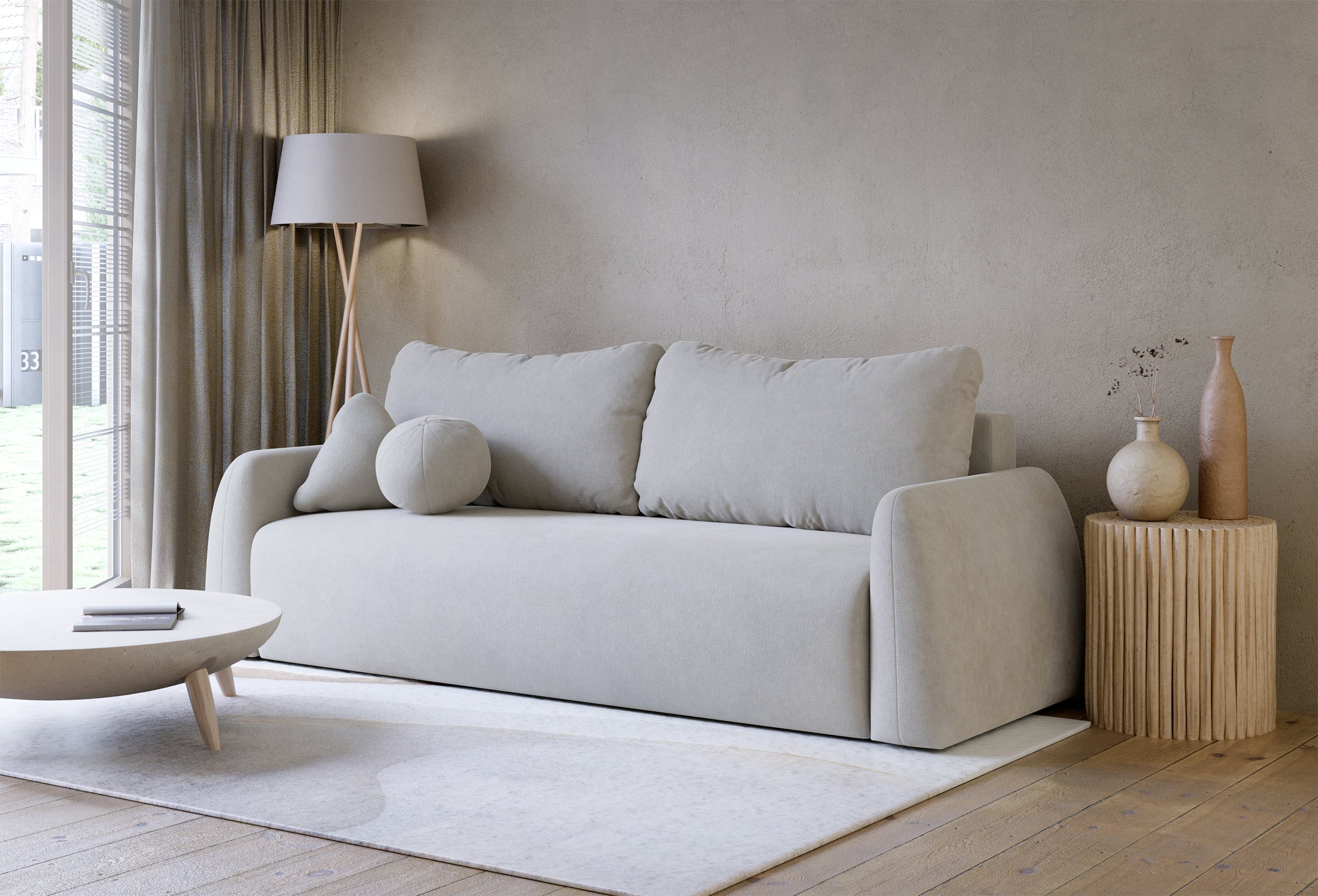Dreisitziges ausklappbares Sofa Nubelle mit Stauraum, hellgrauer hydrophober Chenillestoff