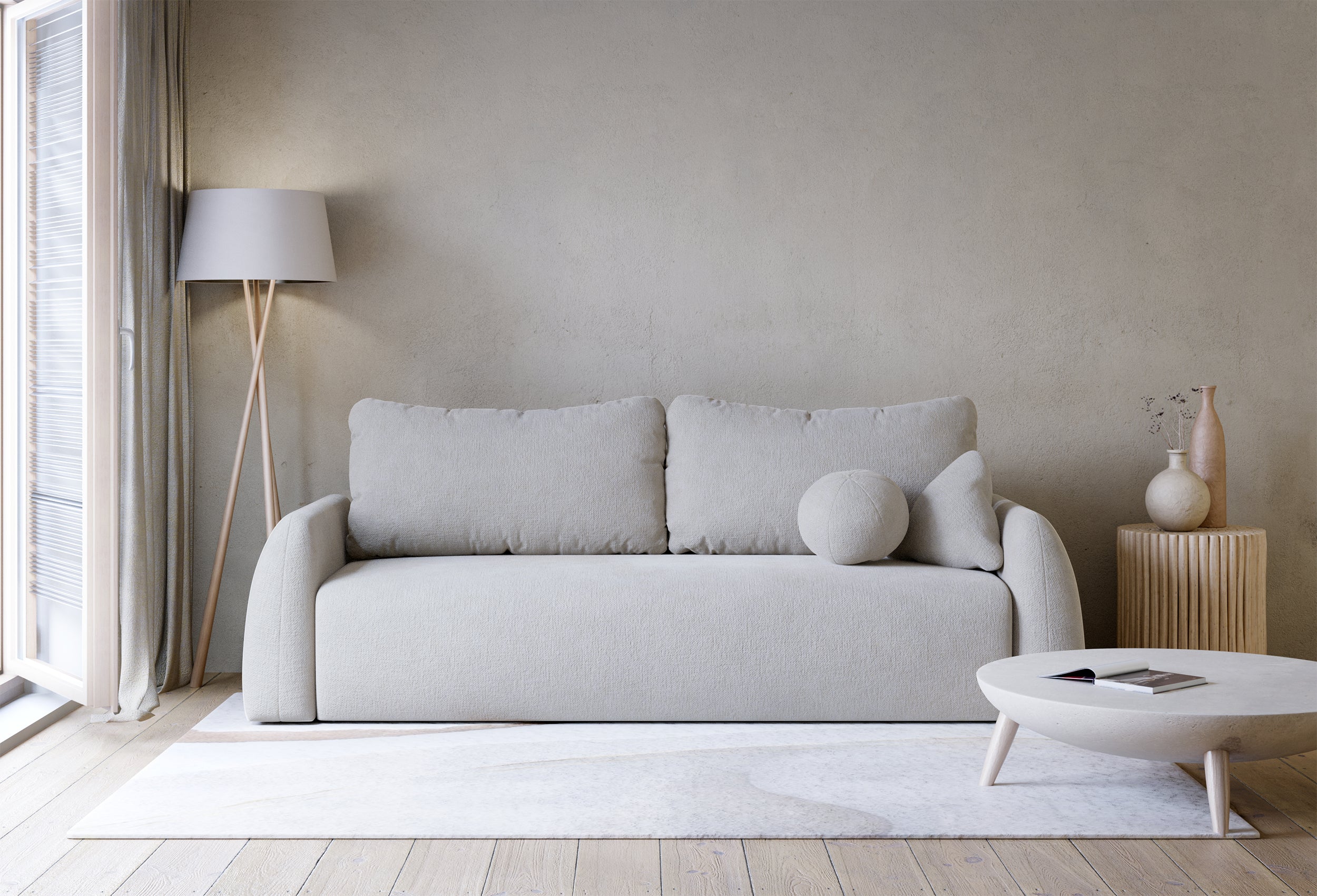 Dreisitziges ausklappbares Sofa Nubelle mit Stauraum, hellgrauer hydrophober Chenillestoff