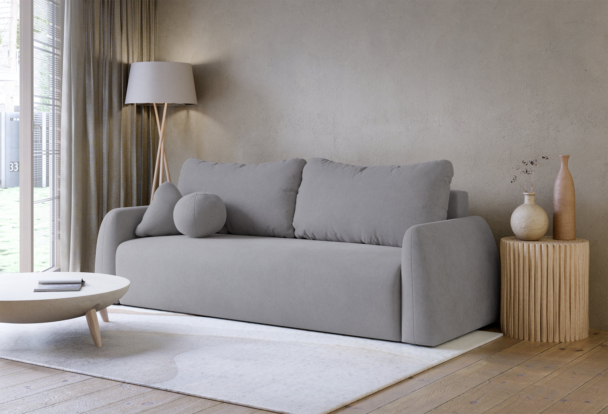 Dreisitziges ausklappbares Sofa Nubelle mit Stauraum, grauer hydrophober Chenillestoff