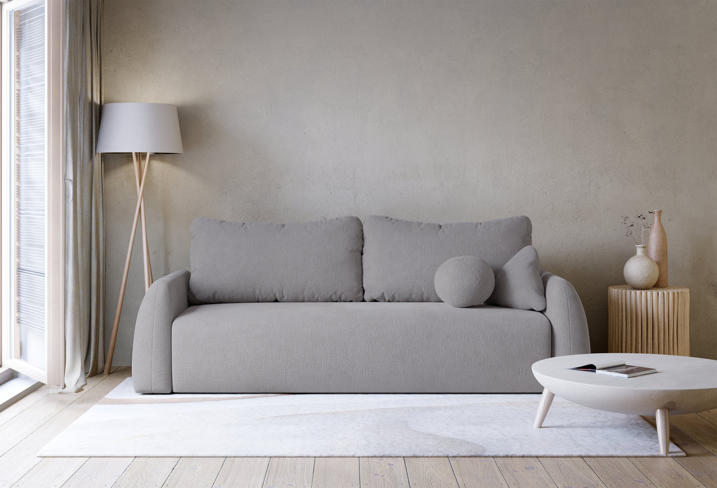Dreisitziges ausklappbares Sofa Nubelle mit Stauraum, grauer hydrophober Chenillestoff