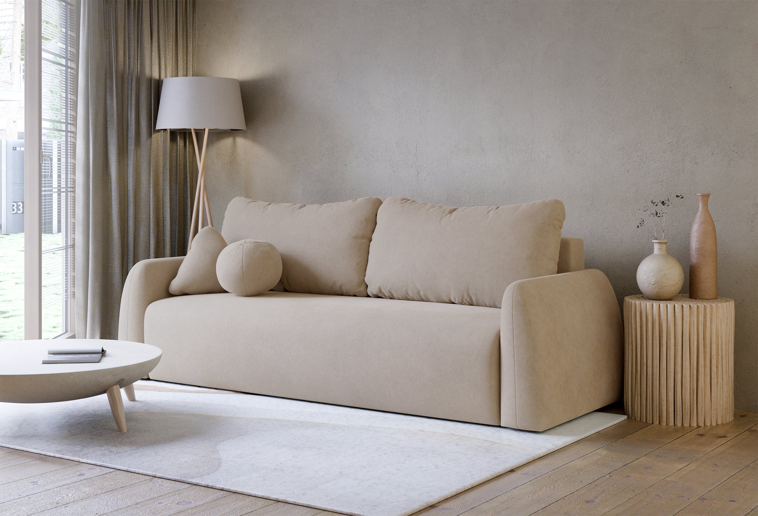 Drei-Sitzer-Schlafsofa Nubelle mit Stauraum, beige, hydrophobes Chenille