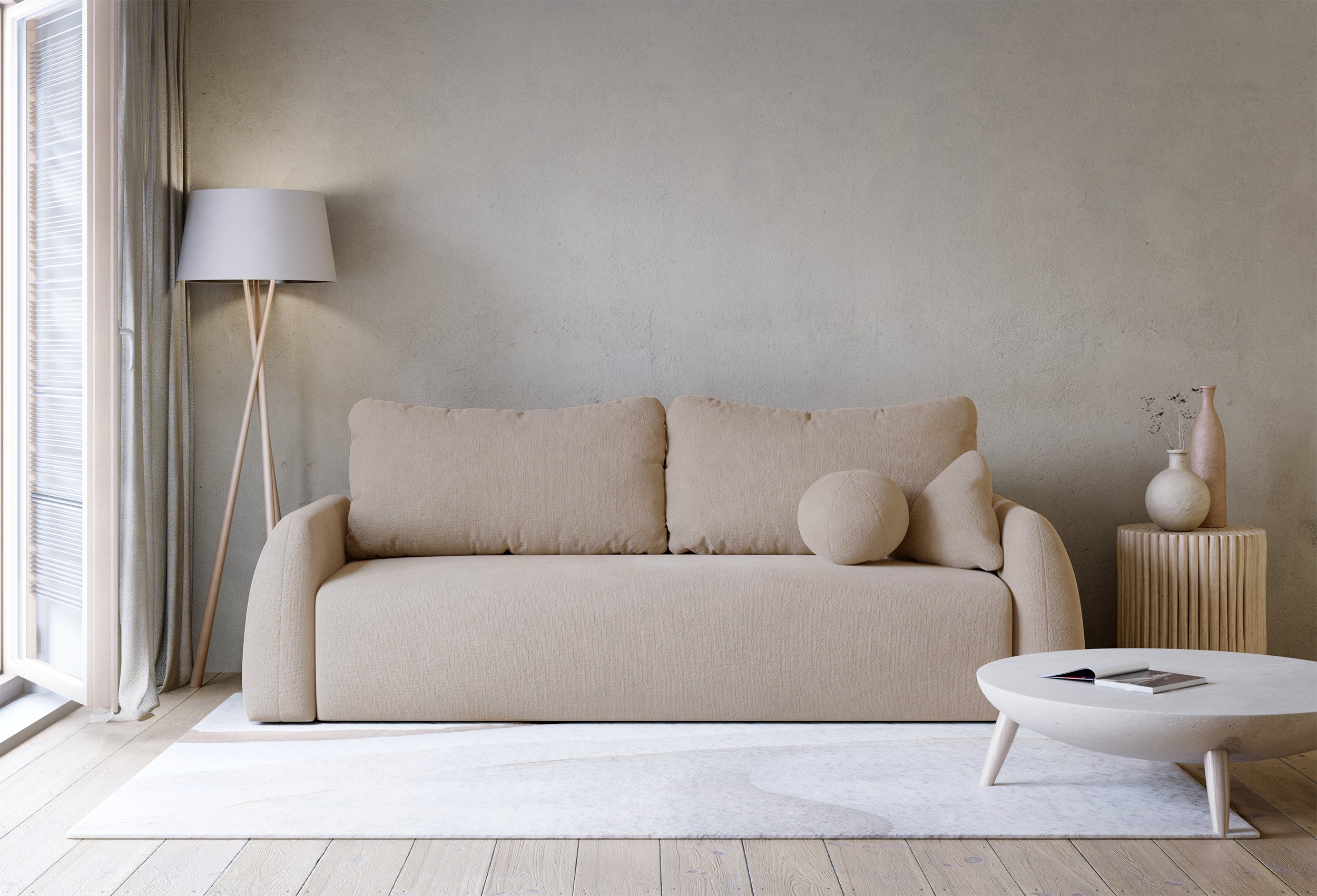 Drei-Sitzer-Schlafsofa Nubelle mit Stauraum, beige, hydrophobes Chenille