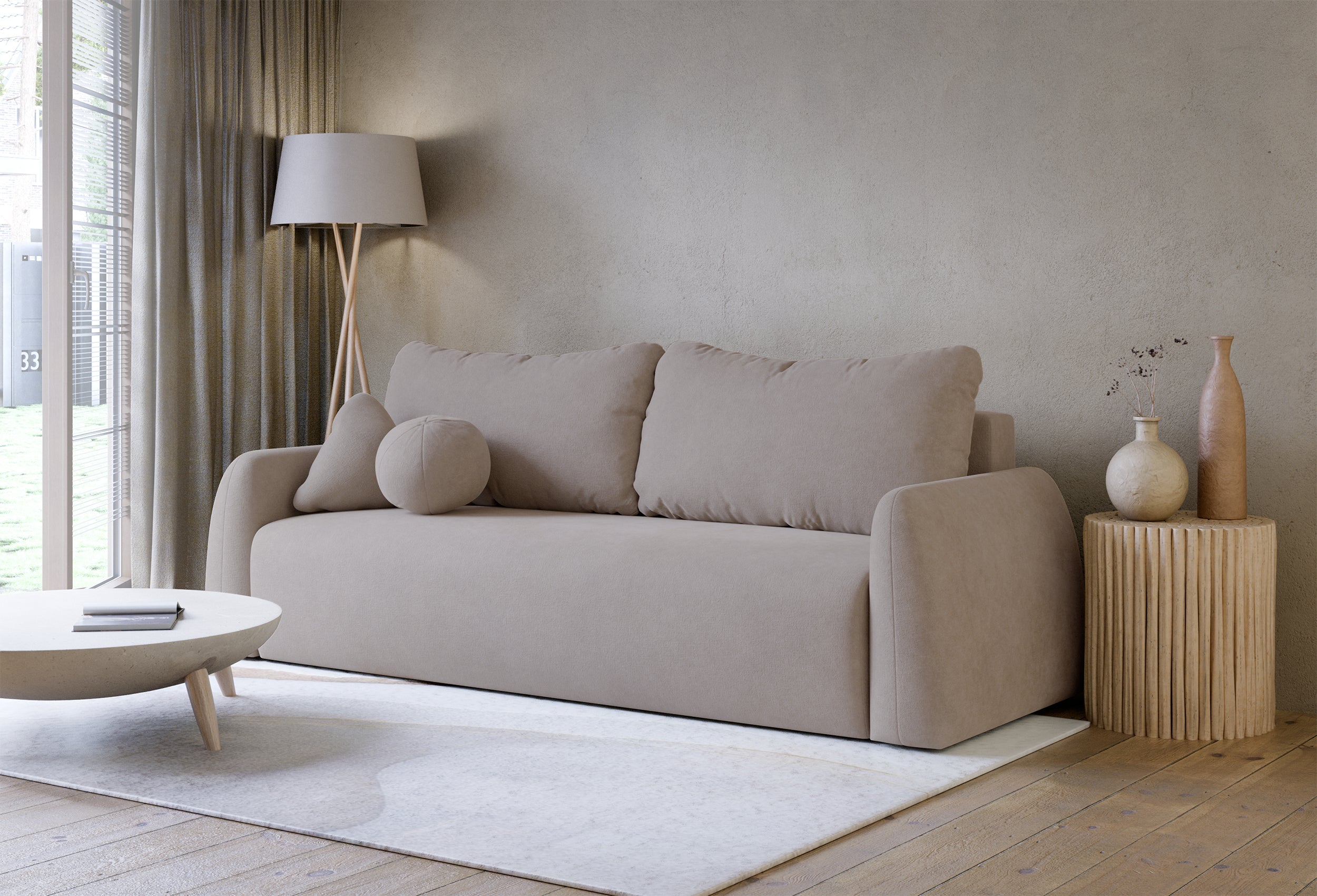 Dreisitziges Schlafsofa Nubelle mit Stauraum, dunkelbeige, hydrophobes Chenillegewebe