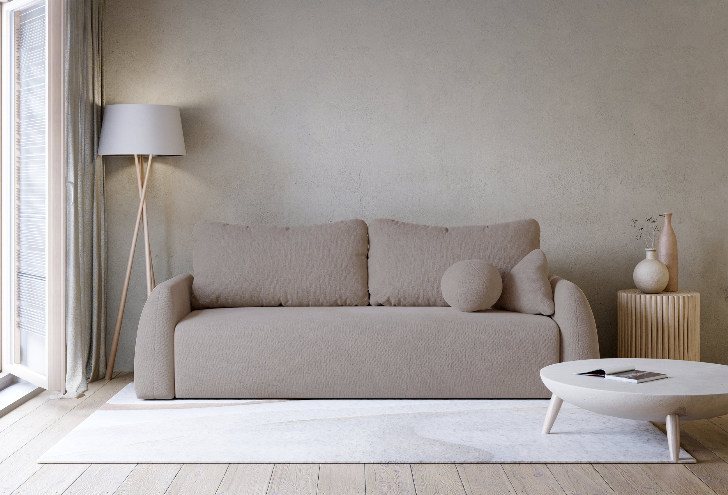Dreisitziges Schlafsofa Nubelle mit Stauraum, dunkelbeige, hydrophobes Chenillegewebe