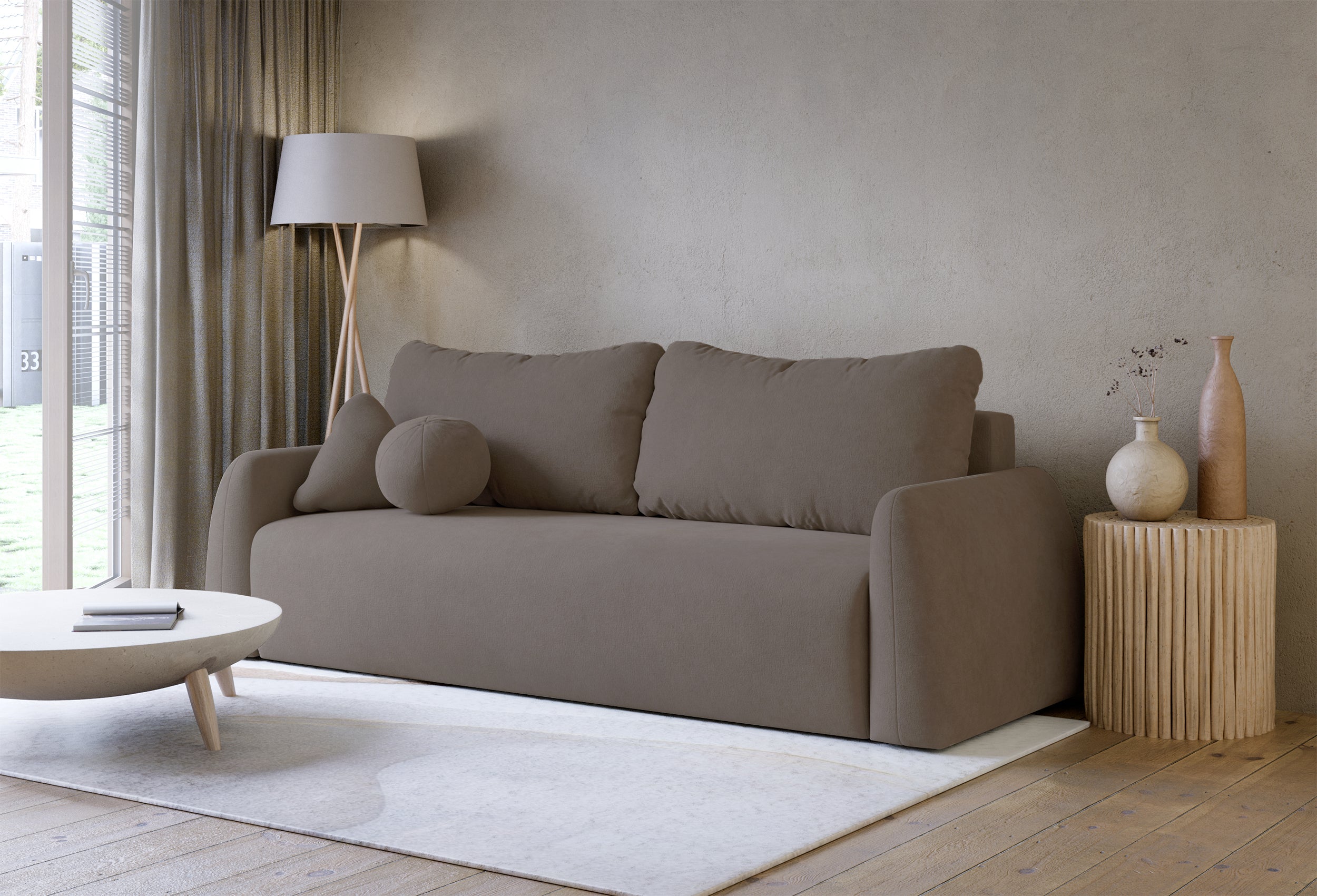 Dreisitziges ausklappbares Sofa Nubelle mit Stauraum, braunes hydrophobes Chenille